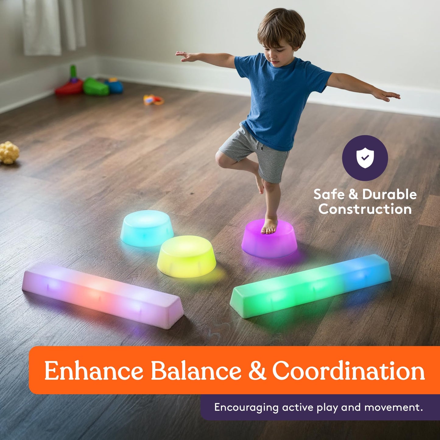 Special Supplies LED Stepping Stones for Kids -Light-Up Balance Blocks- Coordination & Balance for Toddlers & Children- Durable Non-Slip Rubber, Safe Indoor & Outdoor Play (2 Beams + 3 Circles)