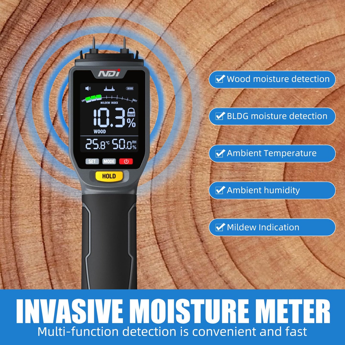 NDI 4 in 1 Pin Moisture Tester, Digital Water Tester, Wood Moisture Meter, Backlit LCD Display Automatic Alarm, Low-battery Indicator, Calibration & HOLD Button for Wood Firewood Lumber Floors
