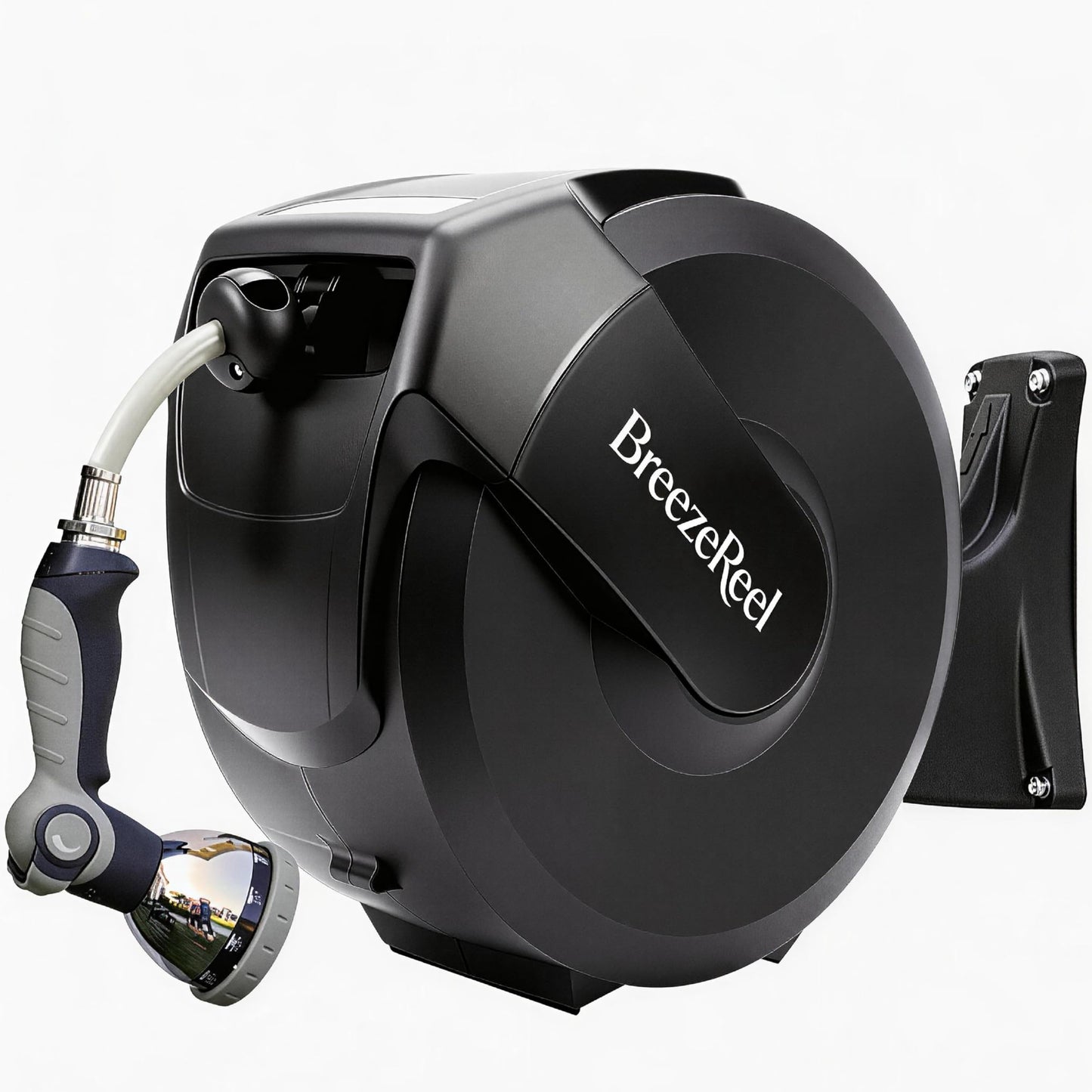 BREEZEREEL Retractable Garden Hose Reel 1/2 inch x 100ft, 3-Ply Reinforced Heavy Duty, Any Length Lock, 180° Swivel Bracket, Slow Return, Auto-Layering, 10 Spray Patterns for Outdoor Watering