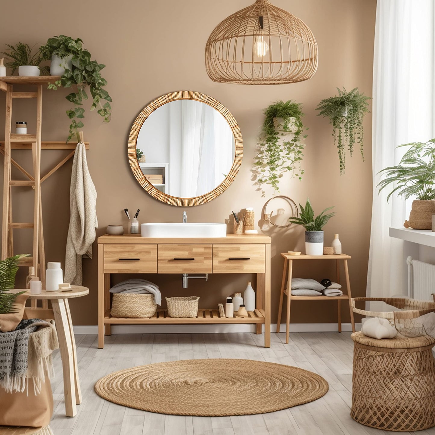 Barnyard Designs Round Rattan Wall Mirror, Natural Tan Woven Rattan Frame, Indoor Decorative Mirror for Bedroom Living Room Entryway (25.5", Round)