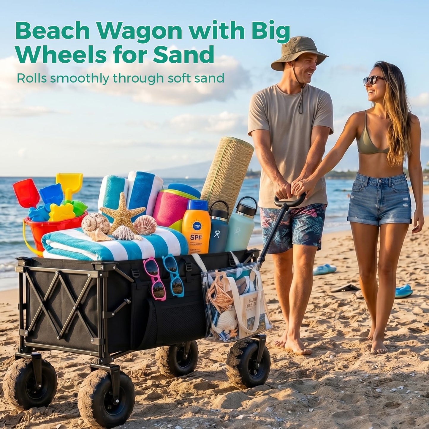 SUNNYFEEL Collapsible Beach Wagon with 9" Balloon Wheels, 300L Beach Cart with Big Wheels for Sand, 550LBS Heavy Duty Folding Wagon Cart with Adjustable Handle for Camping, Garden, Outdoor, Black