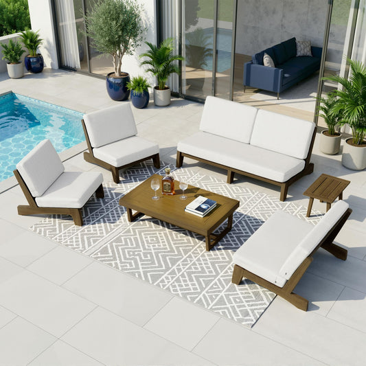 Pia Ricoo 6-Piece Patio Furniture Set, Outdoor Wood Sofa with Loveseat, 2 Chairs, Coffee Table & Side Table, All-Weather Conversation Set for Backyard/Deck/Lawn - Beige