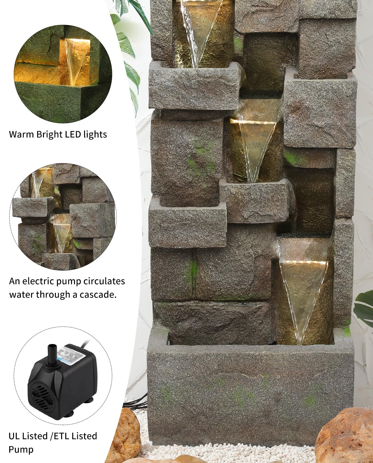 LOTCAIN 48.6" Water Fountain Outdoor Floor-Standing Garden Fountains with LED Lights 3 Tier Modern Waterfall Fountain Decor Rock Fountain for Patio Garden Yard Backyard Porch Home Art Decor, Yellow