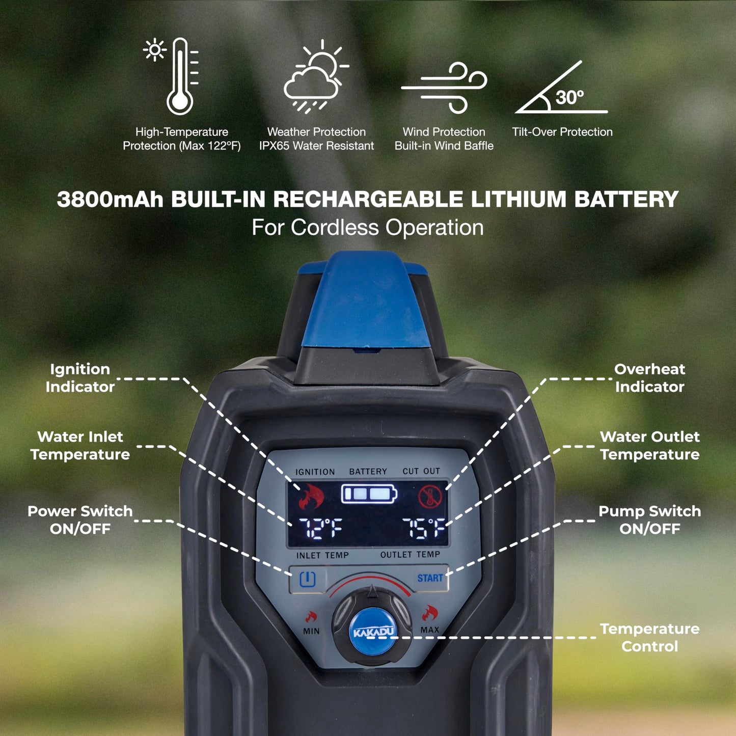 Kakadu Portable Camping Outback Shower, Instant Hot Water for Outdoor Use - Slimline Design, Rechargeable Lithium Battery, Adjustable Shower Head, Slim Pump, Digital Display