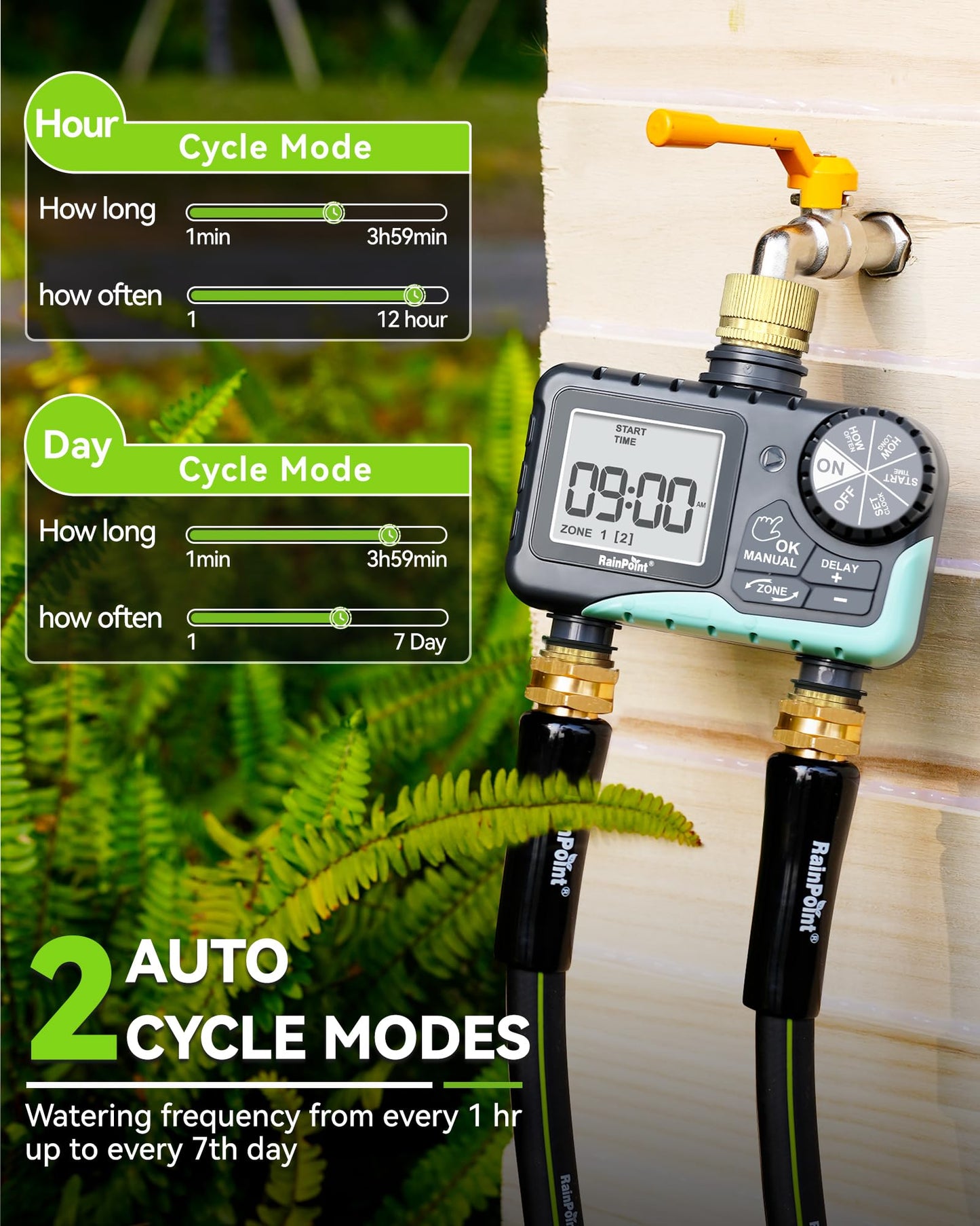 RAINPOINT 2 Zone Sprinkler Timer with Brass Inlet and Outlet - Water Timer for Garden Hose with Rain Delay/Manual Watering/Automatic Irrigation Controller System for Yard Lawn Garden(Blue)