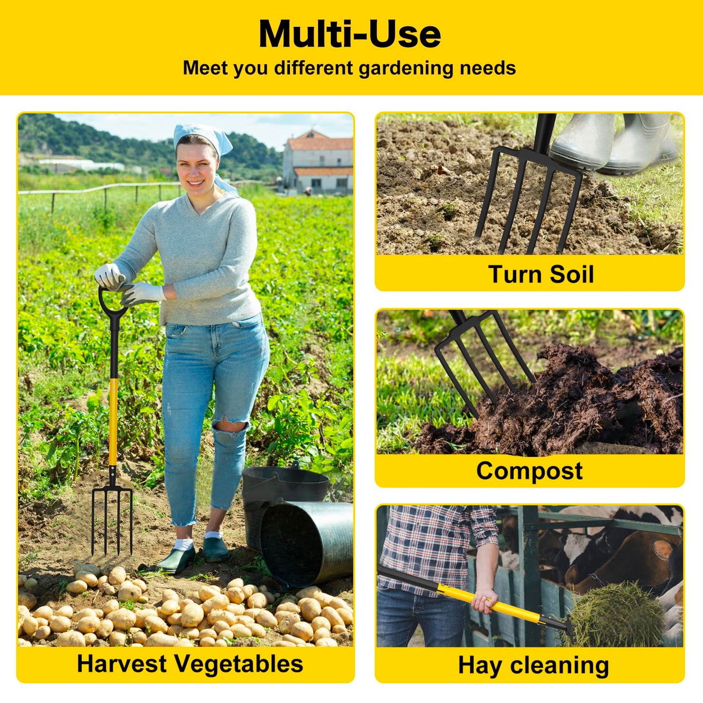 Pitch Fork, 4 Tine Heavy Duty Garden Fork with Ergonomic No-Slip D-Grip Handles, 45 Inches Long Handle Spading Fork, Perfect for Gardening Digging, Land Management, Yard work, Farming (Black)