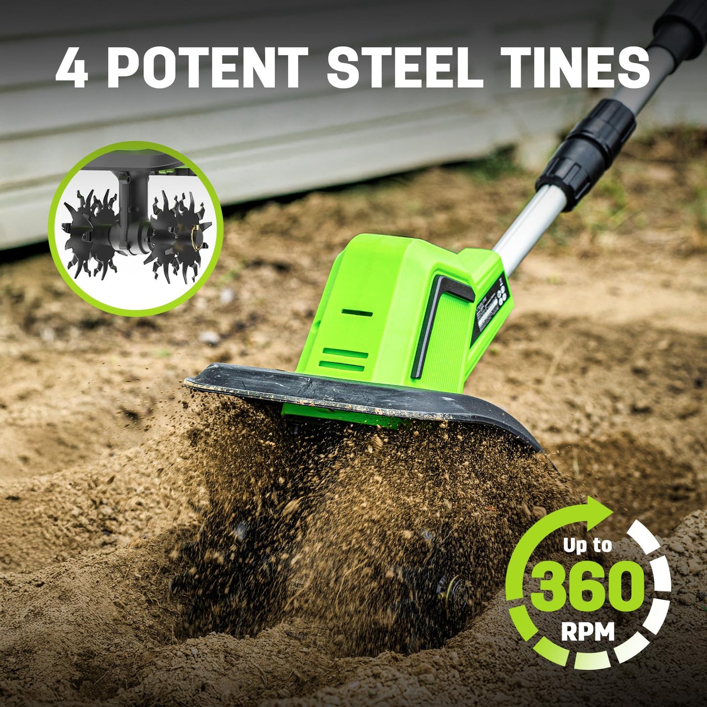 STEELITE 2x20V Battery Powered Tiller, 360 RPM Cordless Tiller, 9-inch Tilling Width and 7-inch Depth Portable Rotary Tiller, 400W Powerful Motor, Total 4.0Ah (2×2Ah) Battery & 1 Charger Included