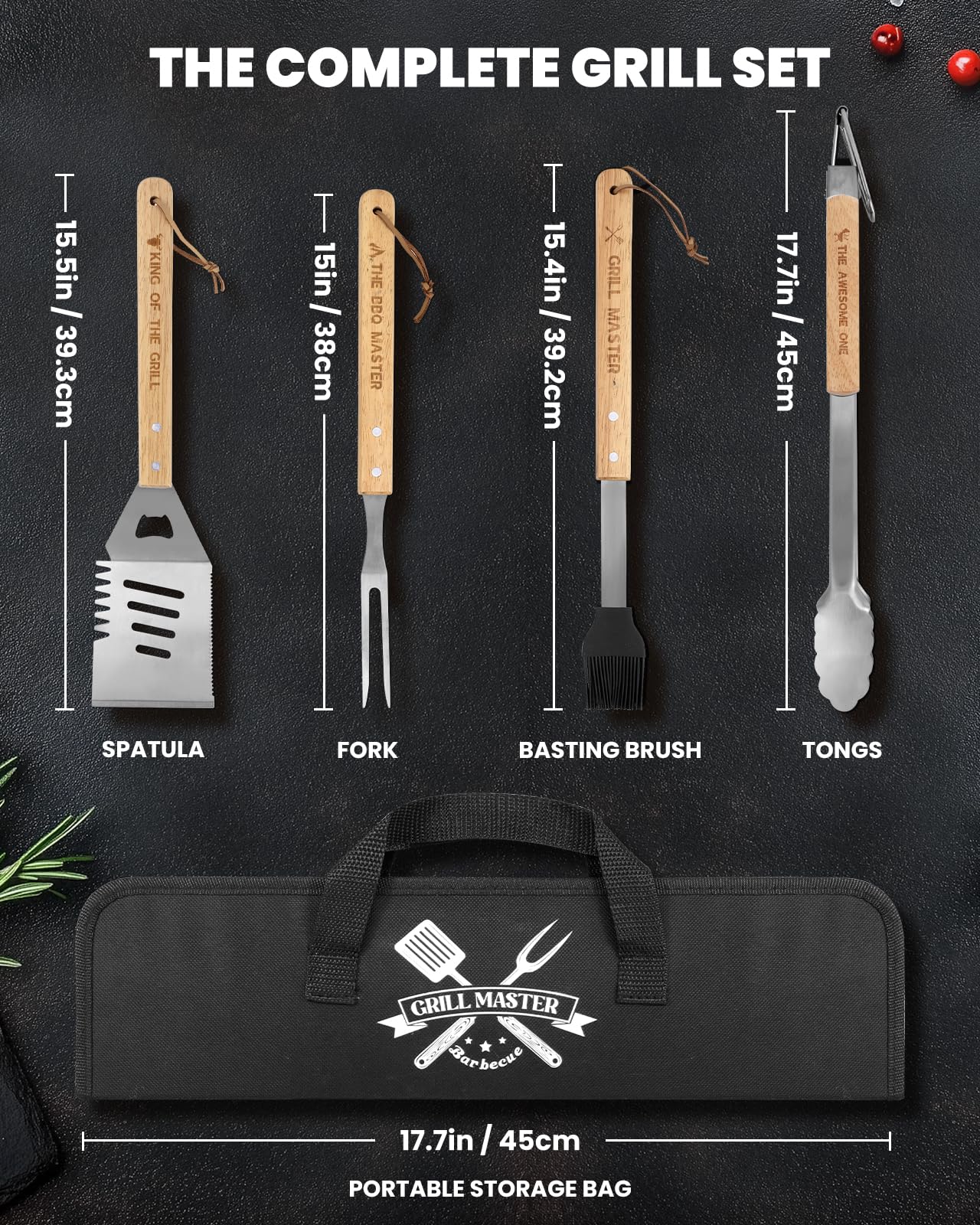 Coralogo 4PCS Grilling Accessories BBQ Tools - Stainless Steel Grill Set with Tongs, Fork, Spatula, Brush, Carrying Bag, Birthday for Men, Father, Husband
