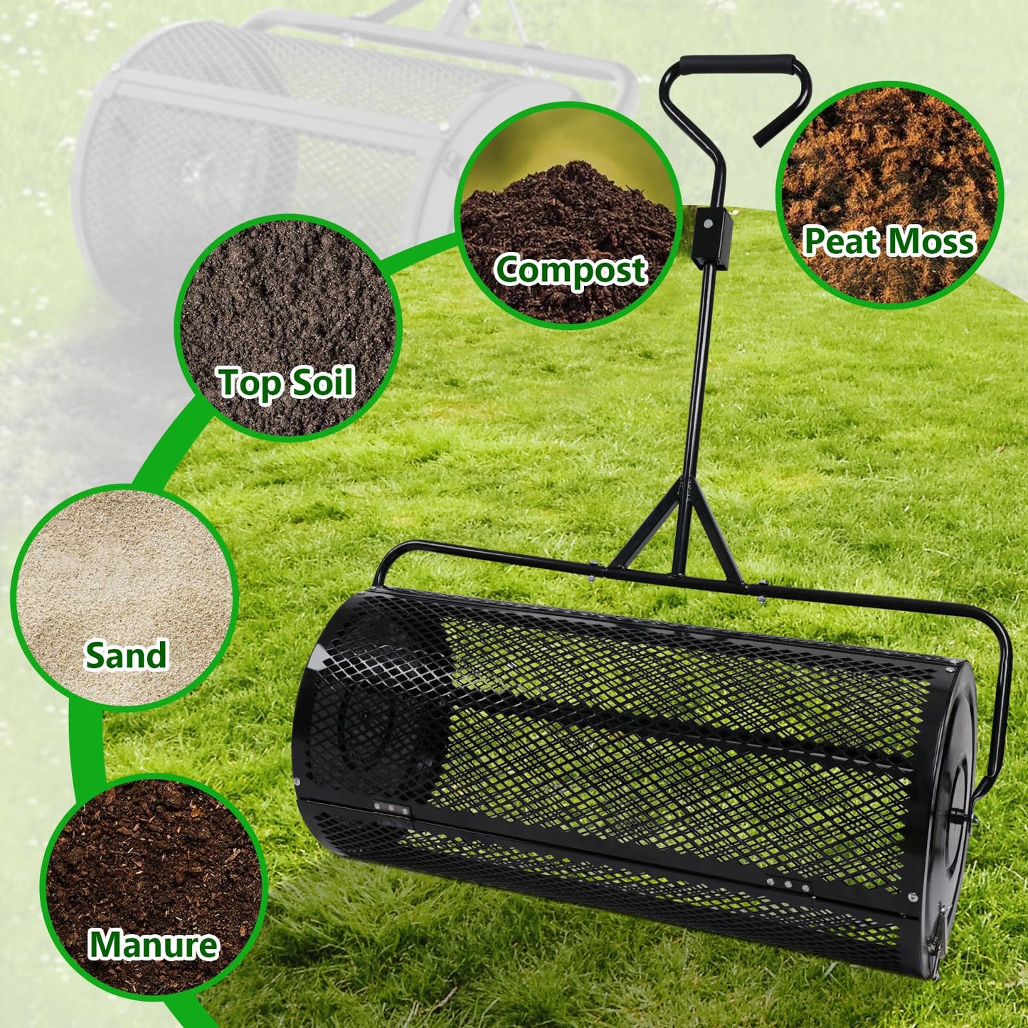 Compost Spreader 44 Inch Push/Tow Peat Moss Spreader with Installation Support, Powder-Coated Metal Mesh Roller Spreader for Manure , Lawn Care, Garden Spreading, Top Dressing & Mulch - Soil Spreader