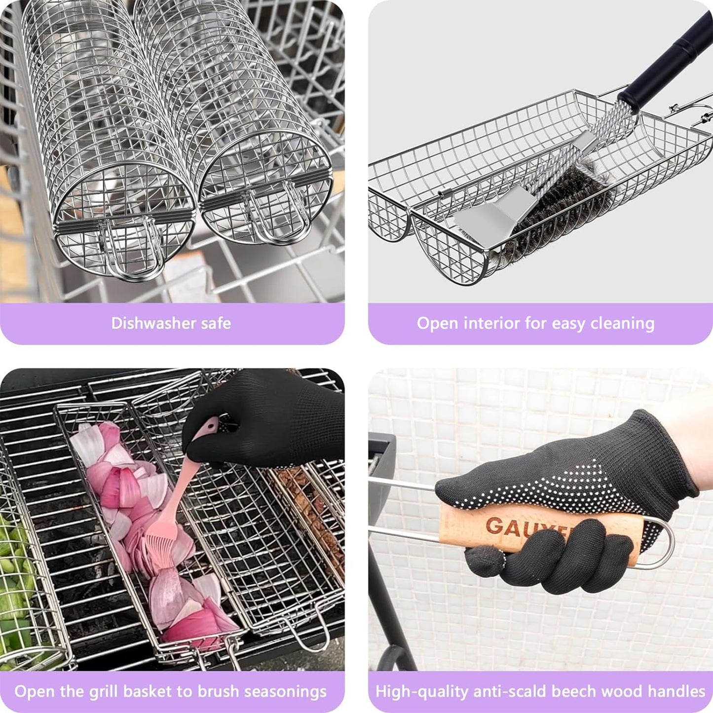GAUYEBY Rolling Grill Basket, Grill Baskets for Outdoor Grill, REMOVABLE HANDLE, Anti-Scorch Stainless Steel BBQ Net Tube for Meat, Shrimp, Vegetables, Grill Accessories, Gifts for Dad, Husband (Round)