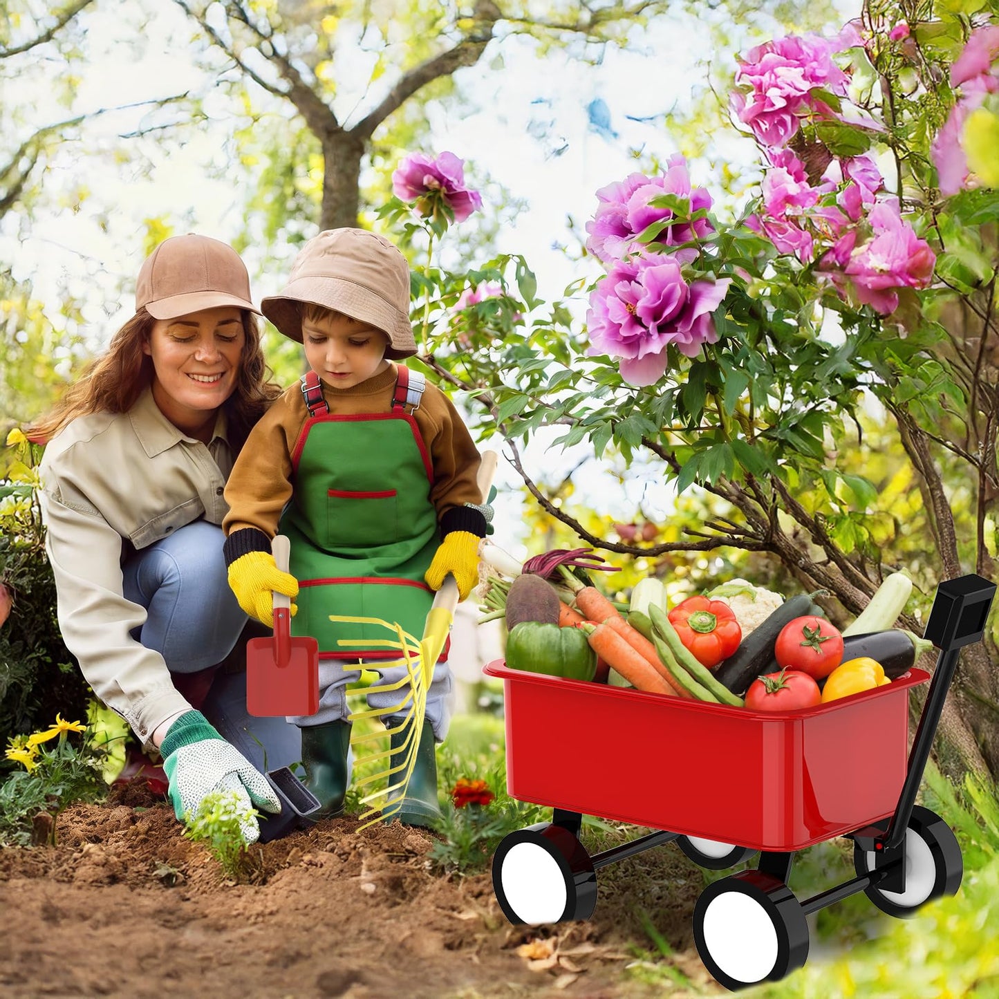 Qtioucp Kids Gardening Wheelbarrow Set, Metal & Wooden Garden Tools for Kids Ages 3-8, Real Wheelbarrows with Apron, Gloves & STEM Guide, Outdoor Backyard Garden Toy Gift