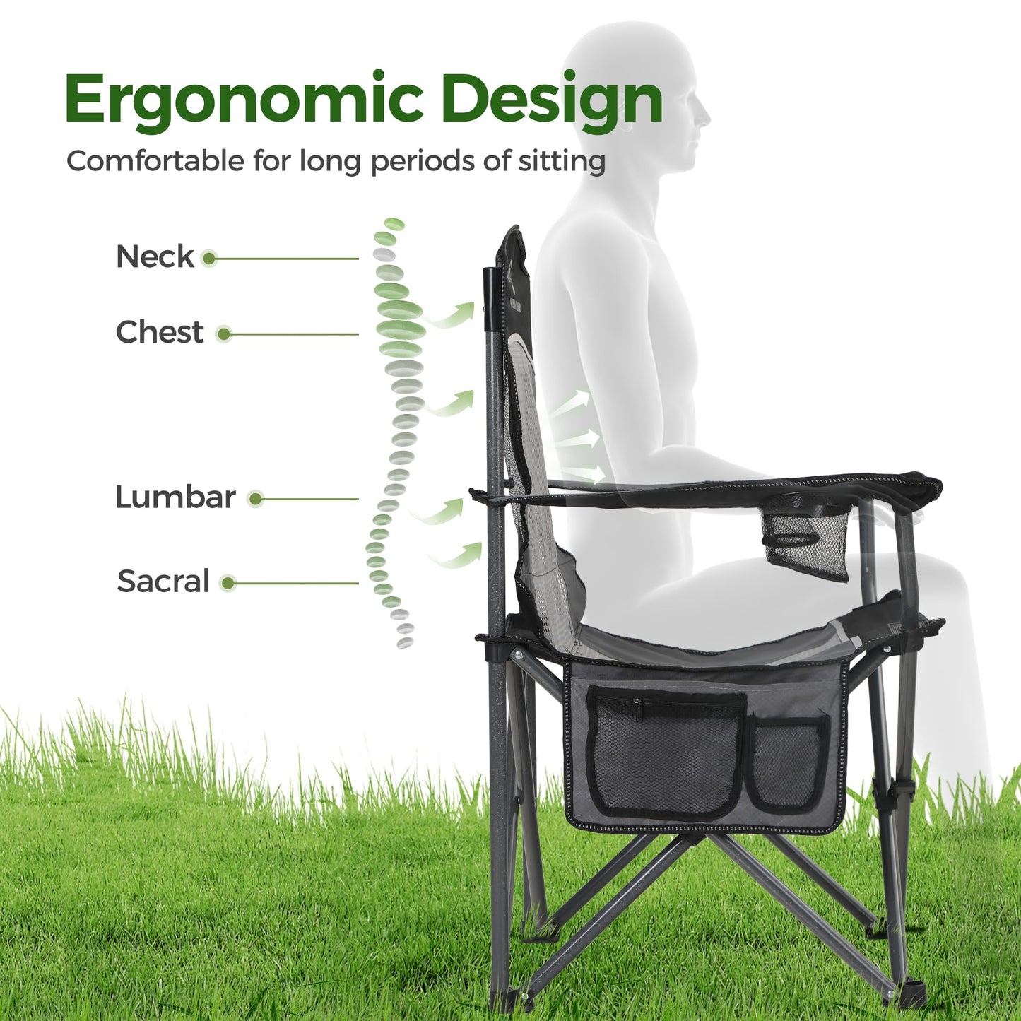 ALPHA CAMP 2PC Oversized Mesh Back Camping Folding Chair Heavy Duty Support 350 LBS Collapsible Steel Frame Quad Chair Padded Arm Chair with Cup Holder Portable for Outdoor (Black-2PC)