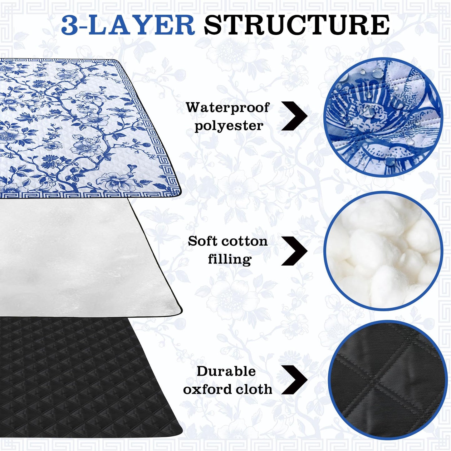 Newwiee 80 x 80 Inch Blue and White Floral Picnic Blanket Extra Large Outdoor Chinoiserie Picnic Mat with Carry Strap Waterproof Sandproof Blanket Foldable Portable for Beach Camping Grass Lawn Park