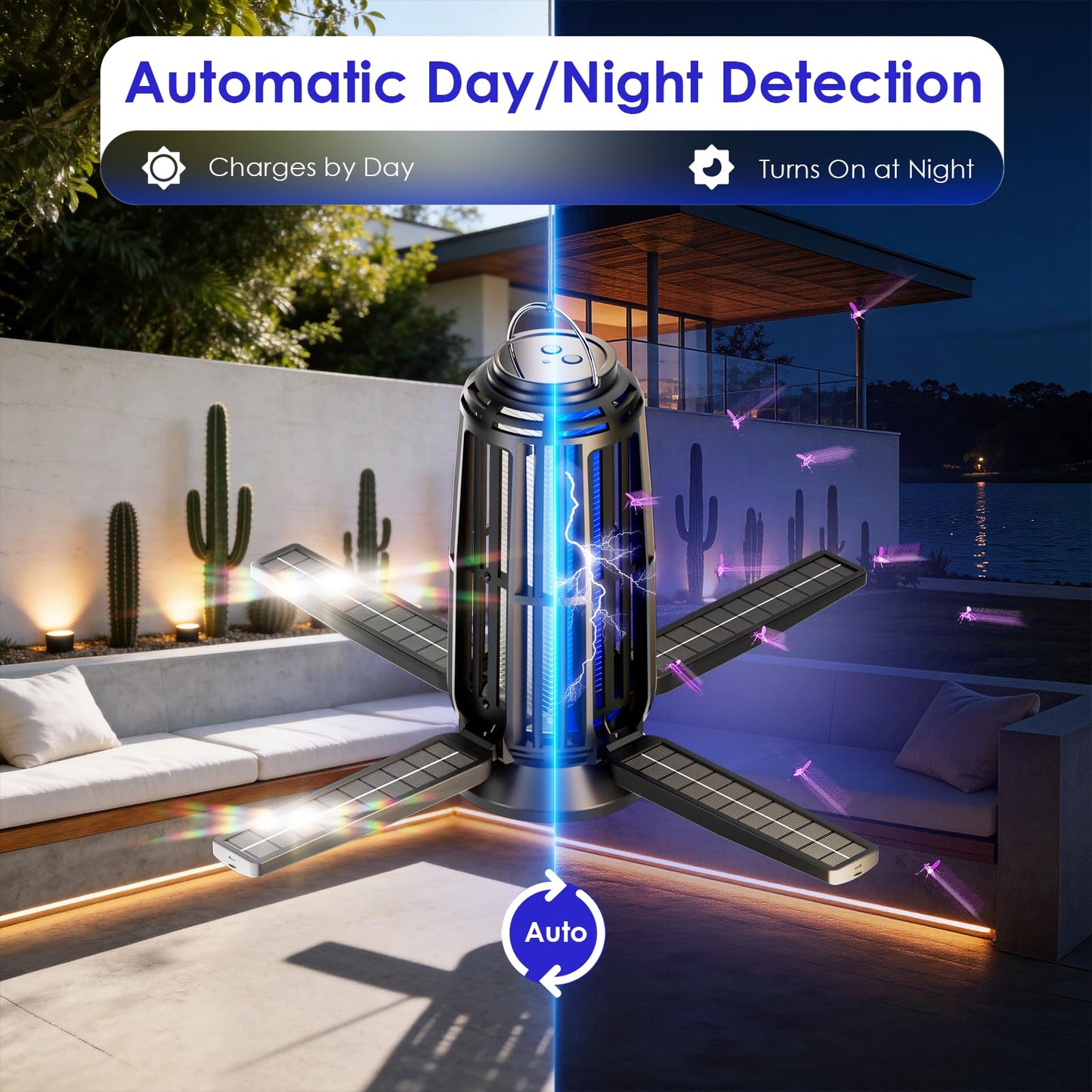 Solar Bug Zapper Indoor & Outdoor, Energy-Saving Mosquito Killer with USB-C Rechargeable & 4-Sided Solar Panels, Waterproof Portable Fly Zapper with LED Light for Patio, Garden, Camping, Backyard