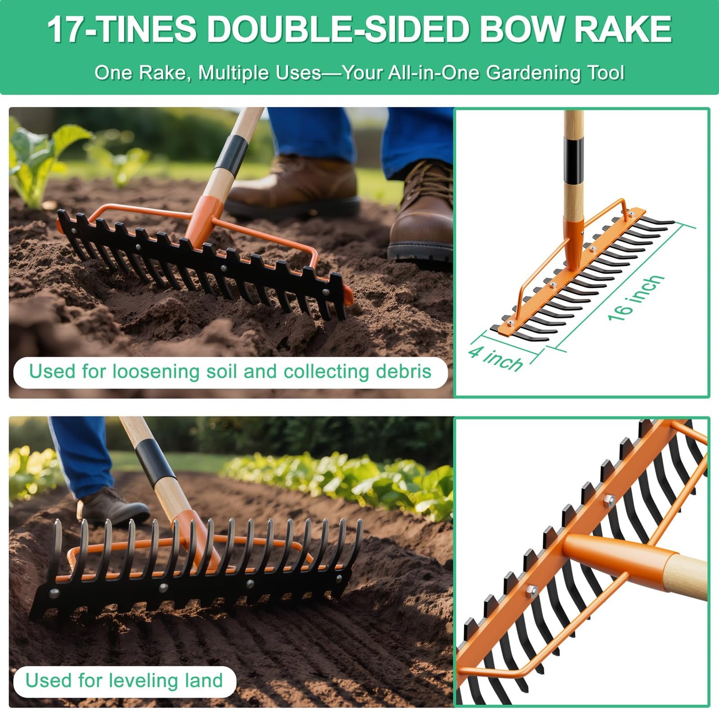 17 Tines Wide Head Bow Rake for Soil Leveling, Garden Rake Heavy Duty with 55” Adjustable Wooden Handle, Heavy Duty Metal Rake for Lawns, Gardening, Loosening Soil, Gathering Leaves, Landscaping