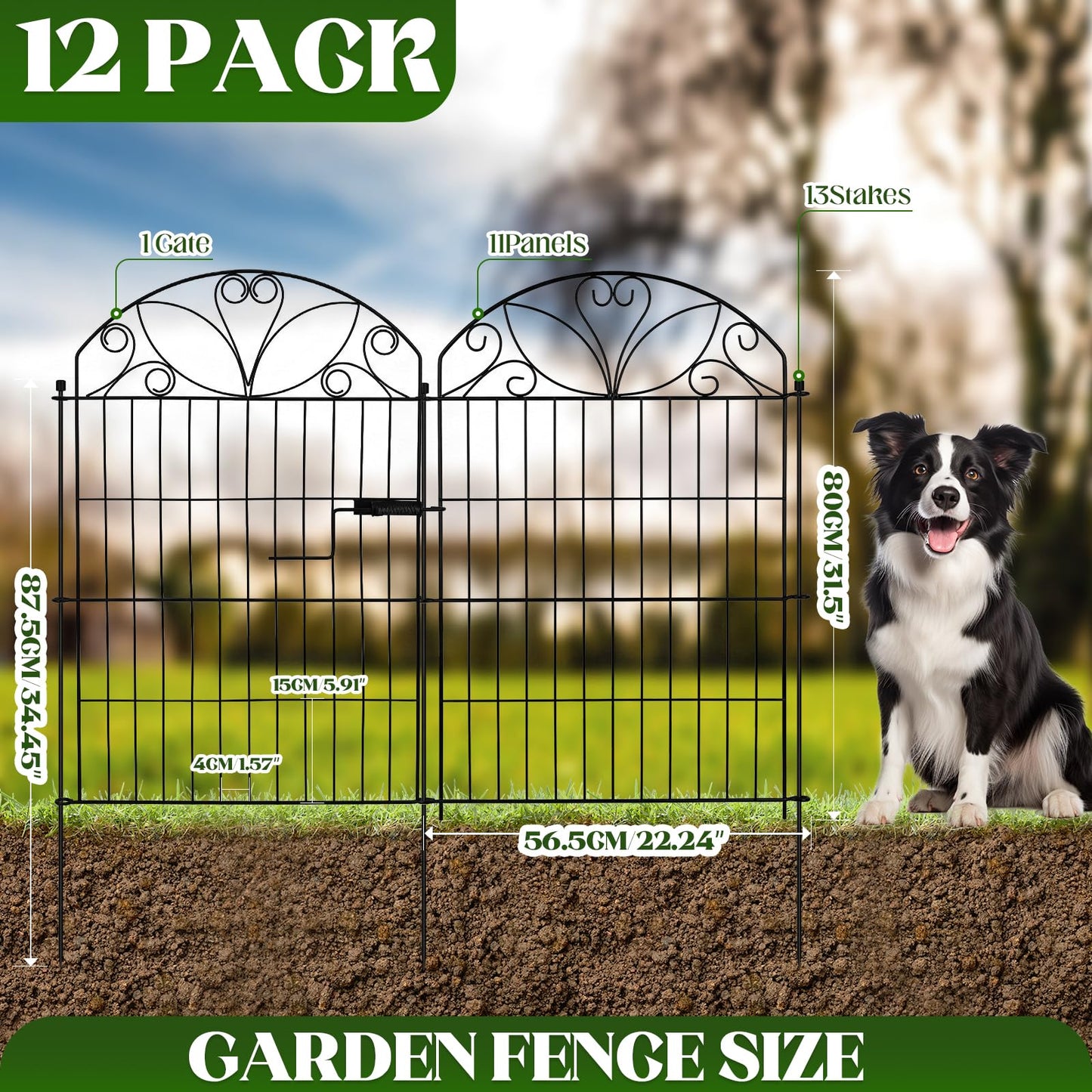 12 Panels No Dig Garden Fence with Gate, 32" H x 22.4ft, Decorative Metal Animal Barrier Dog Fence Outdoor for Yard, Walk-Through Iron Fencing for Flower Bed, Patio & Lawn