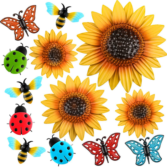 Sweetude 12 Pcs Metal Sunflower Wall Decor Colorful Metal Dragonfly Butterfly Outdoor Decor Garden Fence Patio Yard Flowers Wall Art Summer Flowers Hanging for Home VBS 2026(Novelty Style)