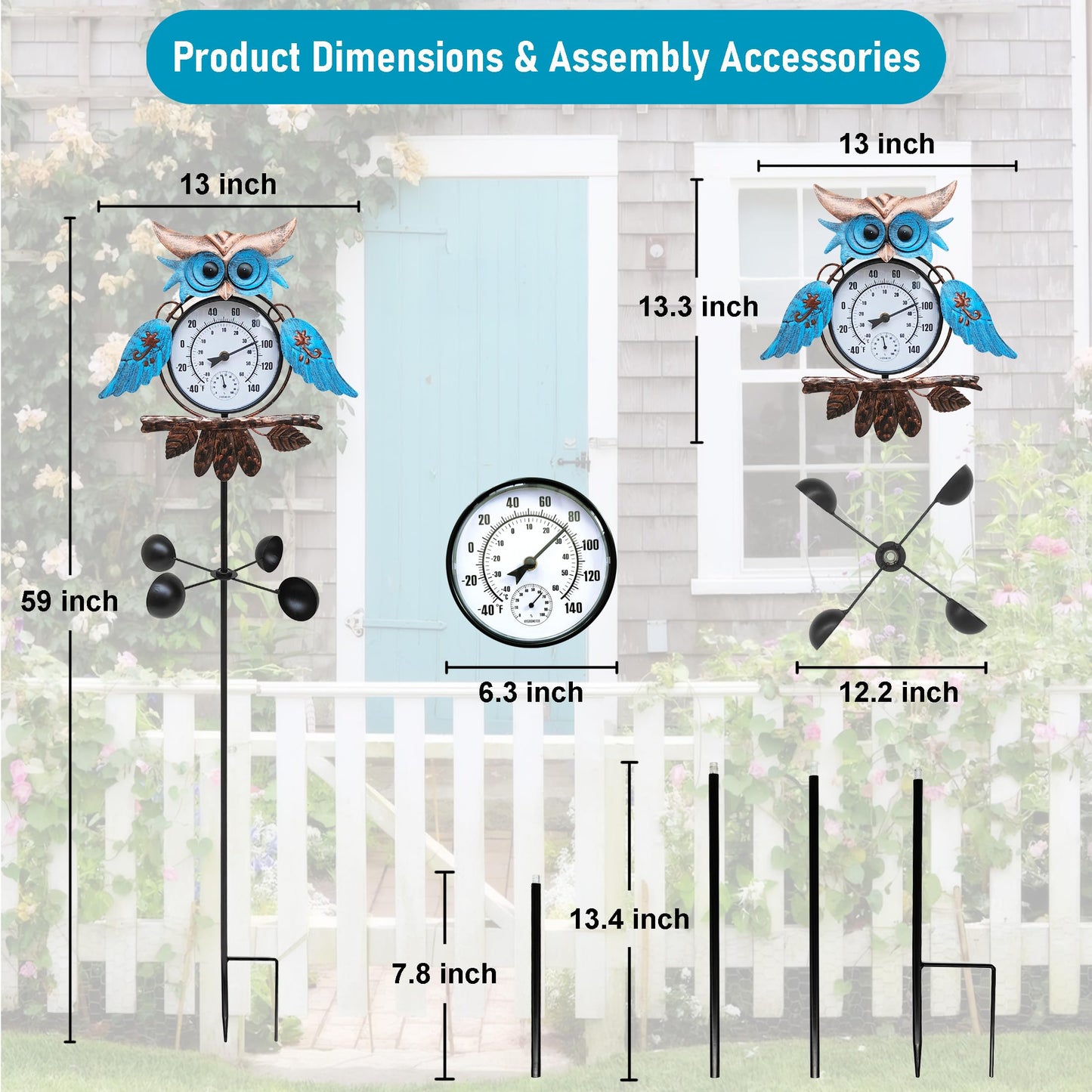 Senflame Outdoor Thermometer for Patio - Owl Garden Stake Thermometer with Wind Spinner Design - 60 inch Outside Temperature Gauge for Yard - Easy to Read, Durable & Weatherproof - Garden Decor