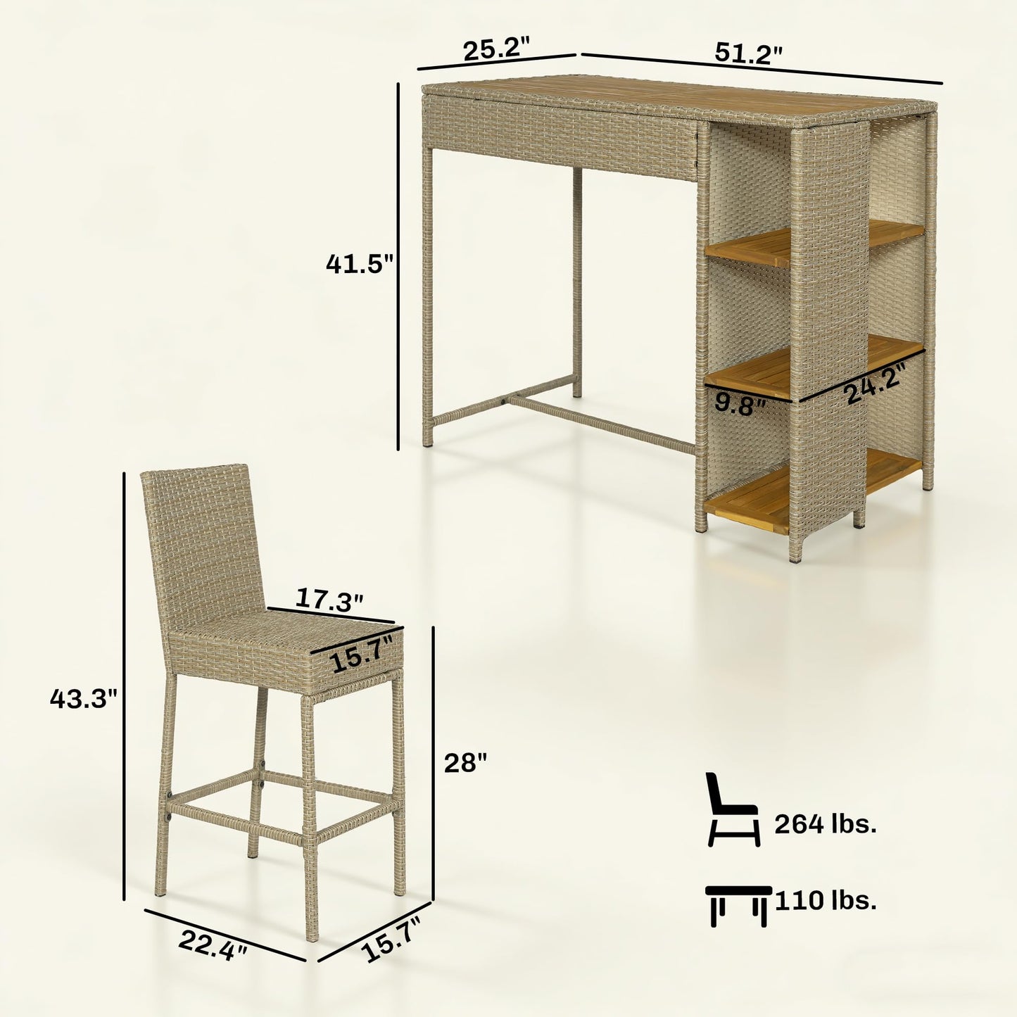 Outsunny 5 Piece Outdoor Bar Set, Wicker Outdoor High Top Table and Chairs, 3 Tier Shelves, Acacia Wood Bar Height Patio Set, 4 Barstools with Cushions, Back, Footrest for Garden, Backyard, Brown
