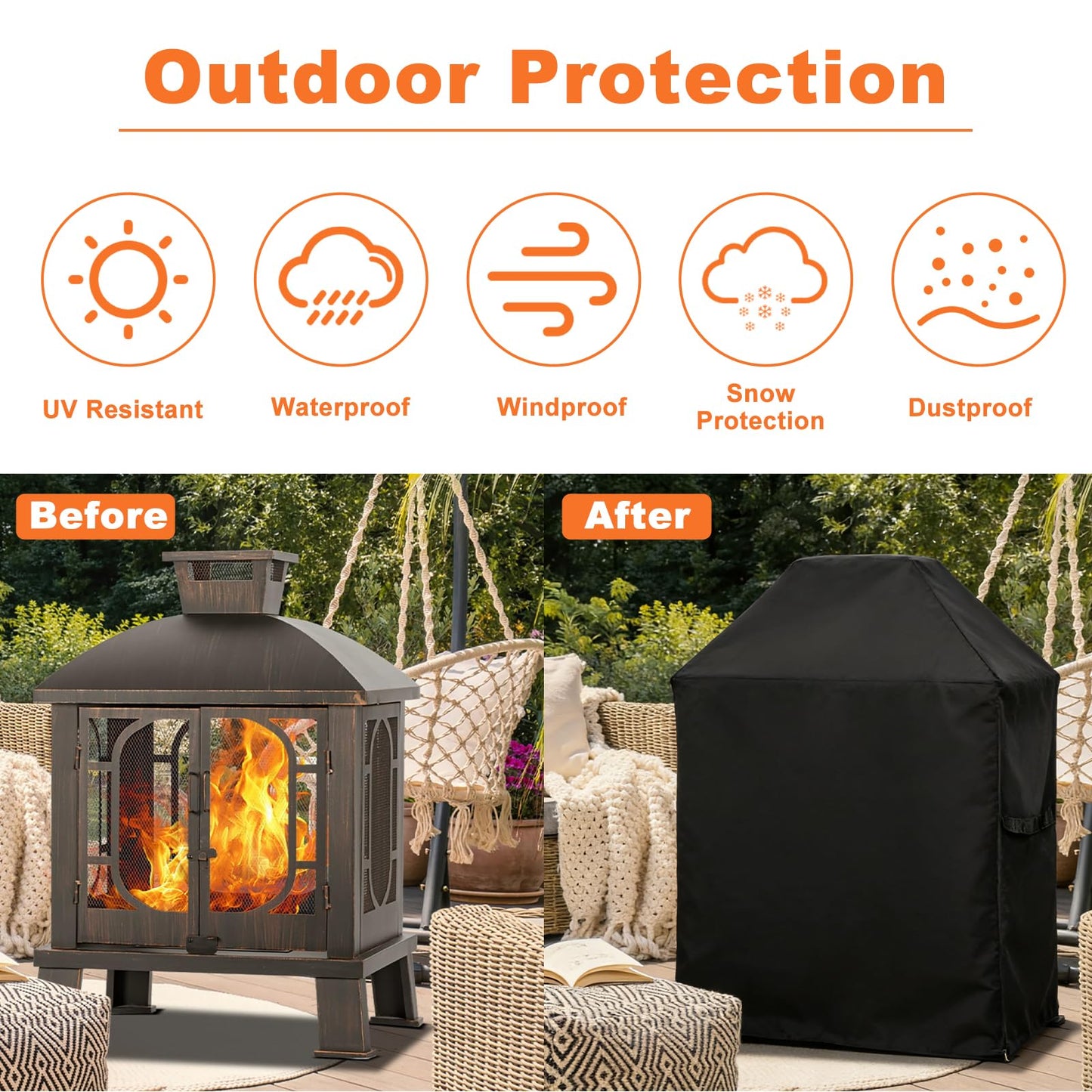 Outdoor Fireplace Cover, 32" L × 24" W × 45" H for Panovue Chiminea Fire Pit, 600D Heavy Duty Waterproof Square Chimineas Fireplace Cover for Patio Wood Burning Fireplaces
