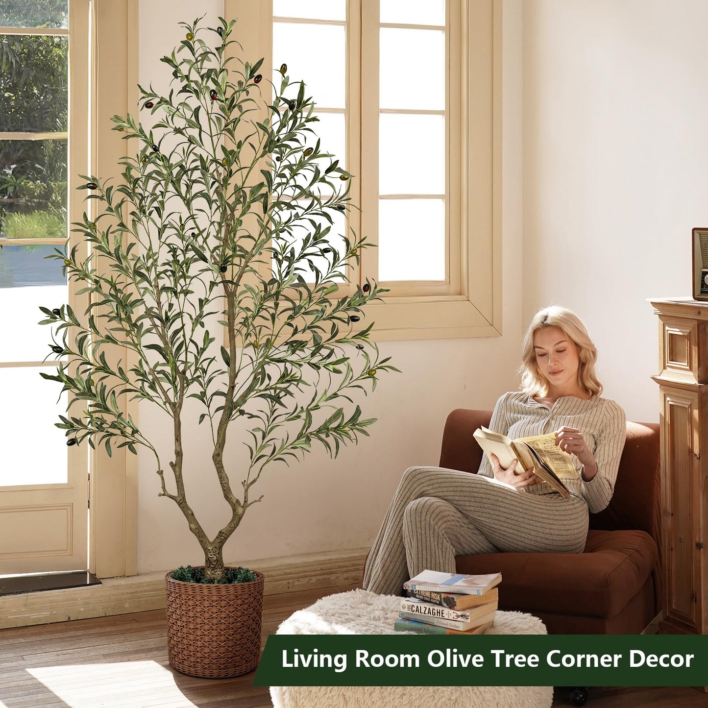 Olive Trees Artificial Indoor 6FT Tall, Faux Olive Tree with Black Basic Planter, Lifelike Fake Olive Plant Decorative, Silk Leaves and Premium Plastic Trunk for Home Living Room Office Decor