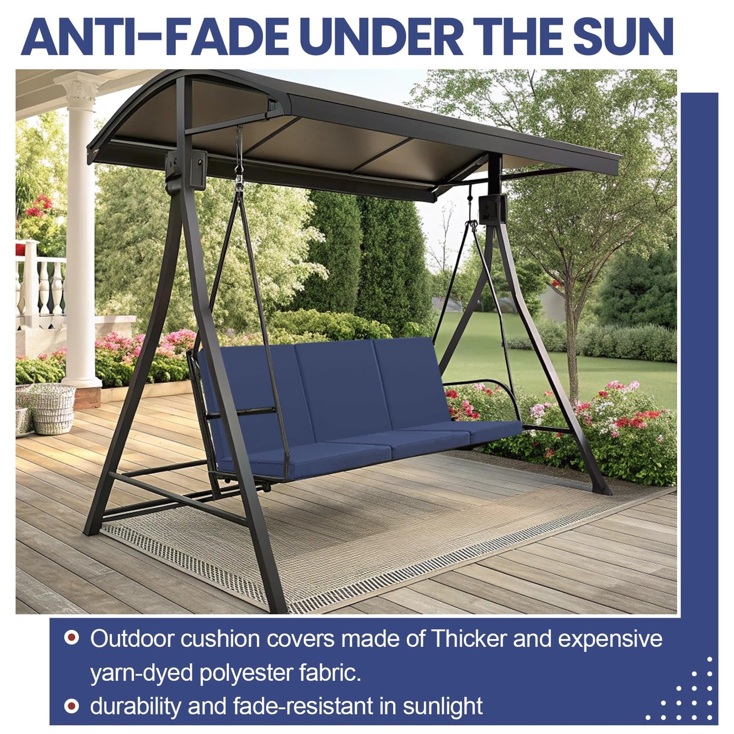 Sintuff 3 Seat Outdoor Porch Swing Cushions, Water-resistant Swing Cushions Replacement with Anti-slip Design, Porch Bench Cushion Liner and Cover 2 in 1 for Patio Garden, Chair Not Include(Navy Blue)