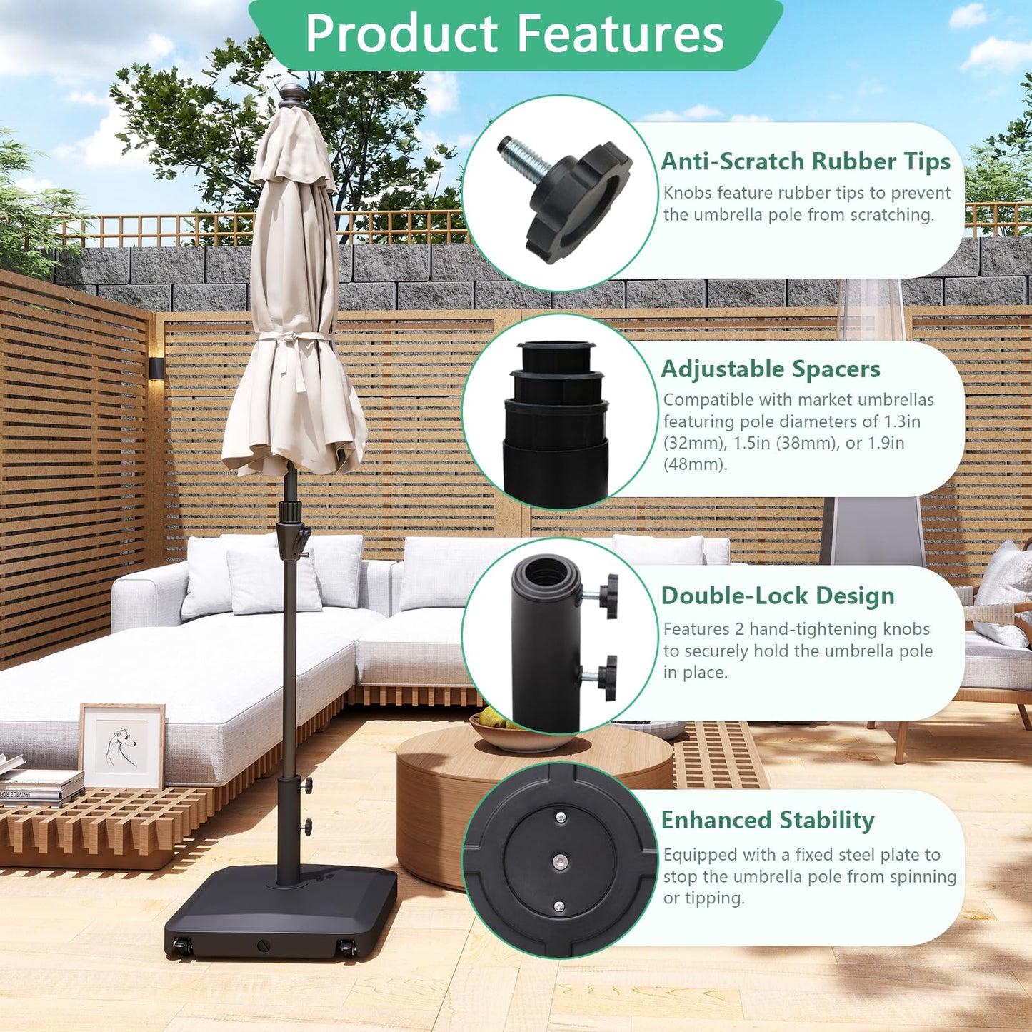 Helios&Hestia 99 lb Heavy Duty Square Umbrella Base with Rolling Wheels, Plastic Water and Sand Fillable Outdoor Stand Weight for Patio Market Table Umbrella, Black