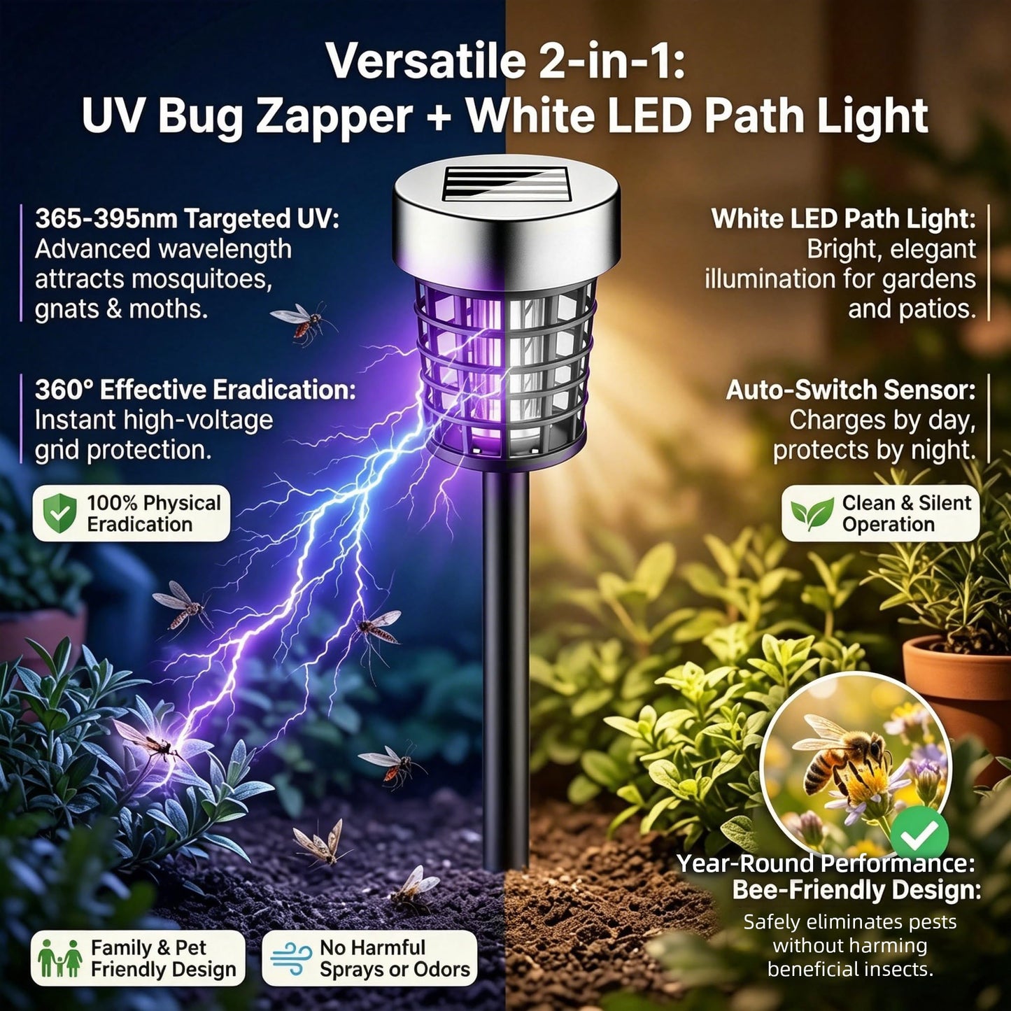 4 Pack Solar Bug Zapper Outdoor Waterproof Mosquito Repellent Outdoor Patio Mosquito Trap & Killer for Moths, Gnats, Flies, Small Flying Insect, Solar Powered Fly Zapper for Backyard, Garden, Patio