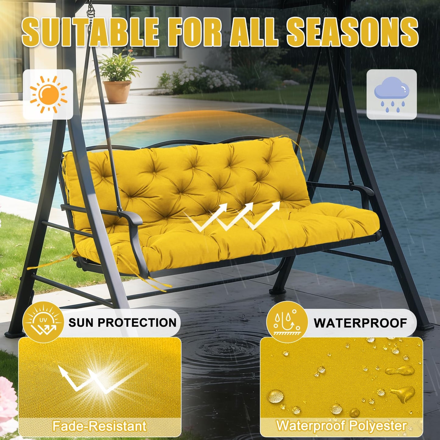 Mokoey Porch Swing Cushions 60 inch Bench Cushion Waterproof Outdoor Swing Cushions 3 Seater Thick 5in Replacement Swing Cushions for Outdoor Furniture Patio (Yellow-60x40 inch)