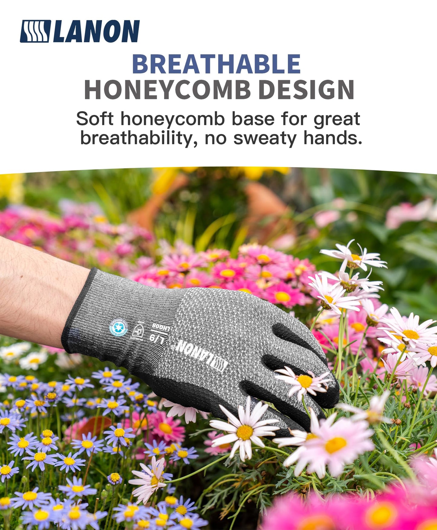 LANON Gardening Gloves for Men Women, 2 Pairs Nitrile Coated Garden Gloves with Grip, Breathable B.COMB AIR Technique, Dusty Olive & Bluebird, Large
