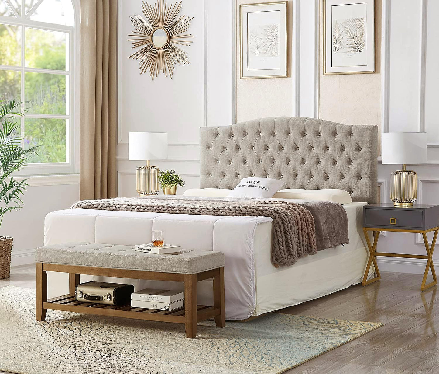 24KF Large Rectangular Upholstered Tufted Linen Fabric Ottoman Bench, Padded Bench with Solid Wood Shelf-Linen