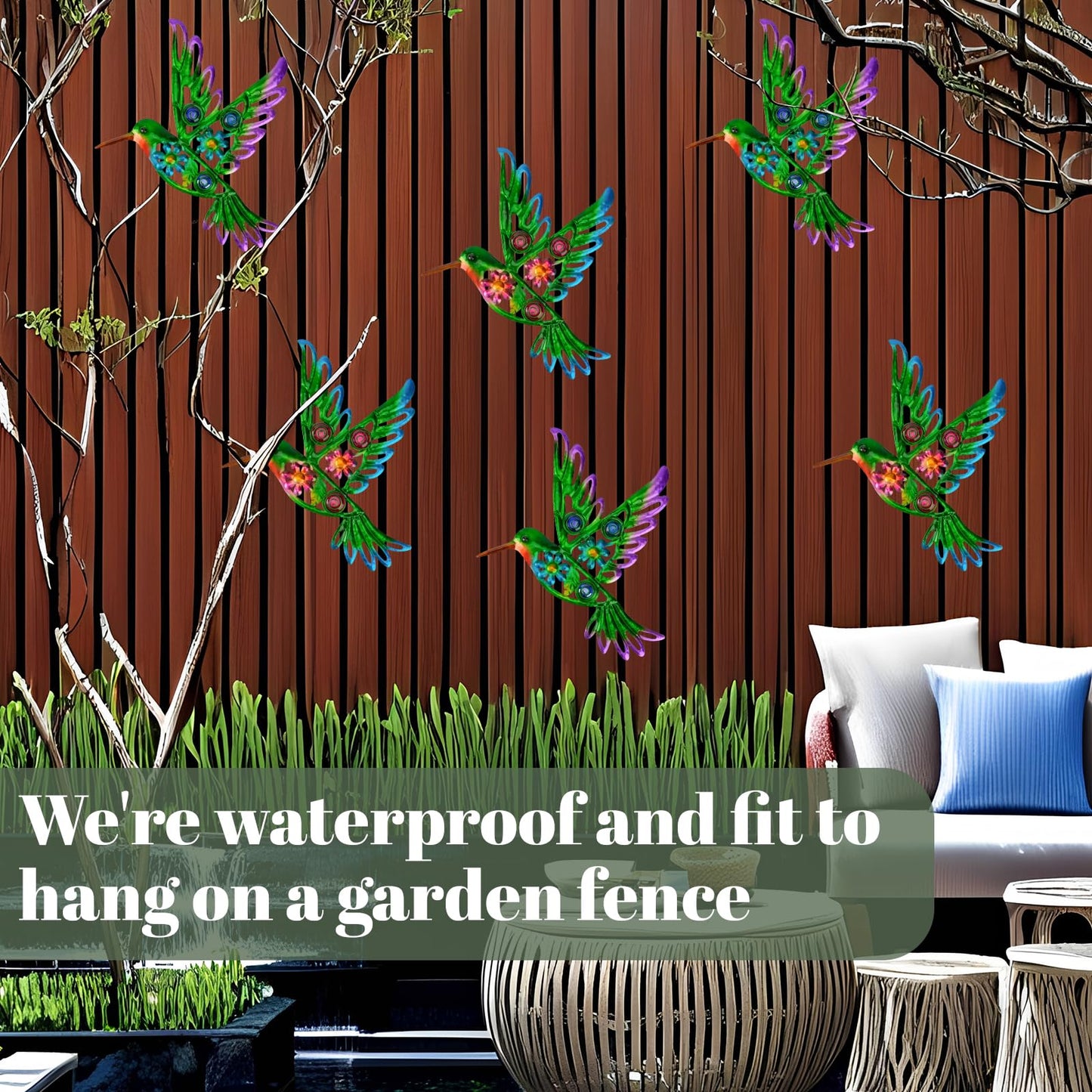 YIWEMON 2 Pack Metal/Glass Hummingbird Wall Decor, 12.4" Outdoor Fence Wall Art Decor, Wall Sculpture Hanging Decoration Perfect for Garden Yard Living Room Bedroom Patio Balcony