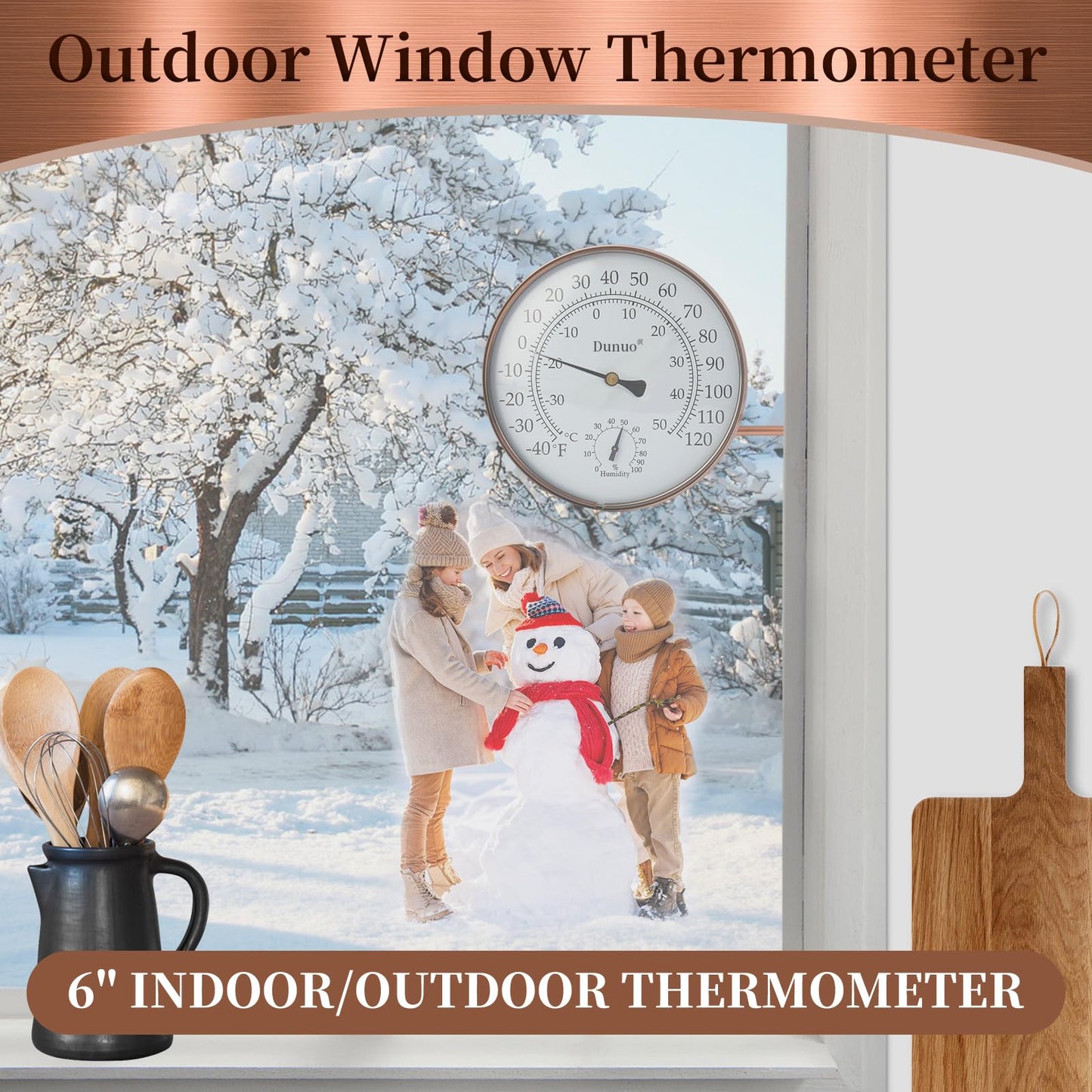 Dunuo 6" Outdoor Thermometer for Greenhouse, Garage and Patio. Weatherproof & Decorative Outside Temperature Gauge for Window, Antique Copper with Humidity (Easy-Read Brass Swivel Design)