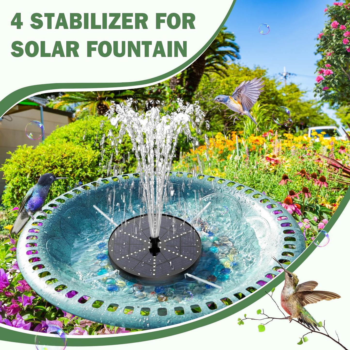 Yzert Upgraded Solar Fountain Bird Bath with 60 LED Lights, Solar Powered Water Fountain Pump with 4000mAh Battery 7 Nozzles 4 Fixers, for Garden Patio Pond Birdbath Pool