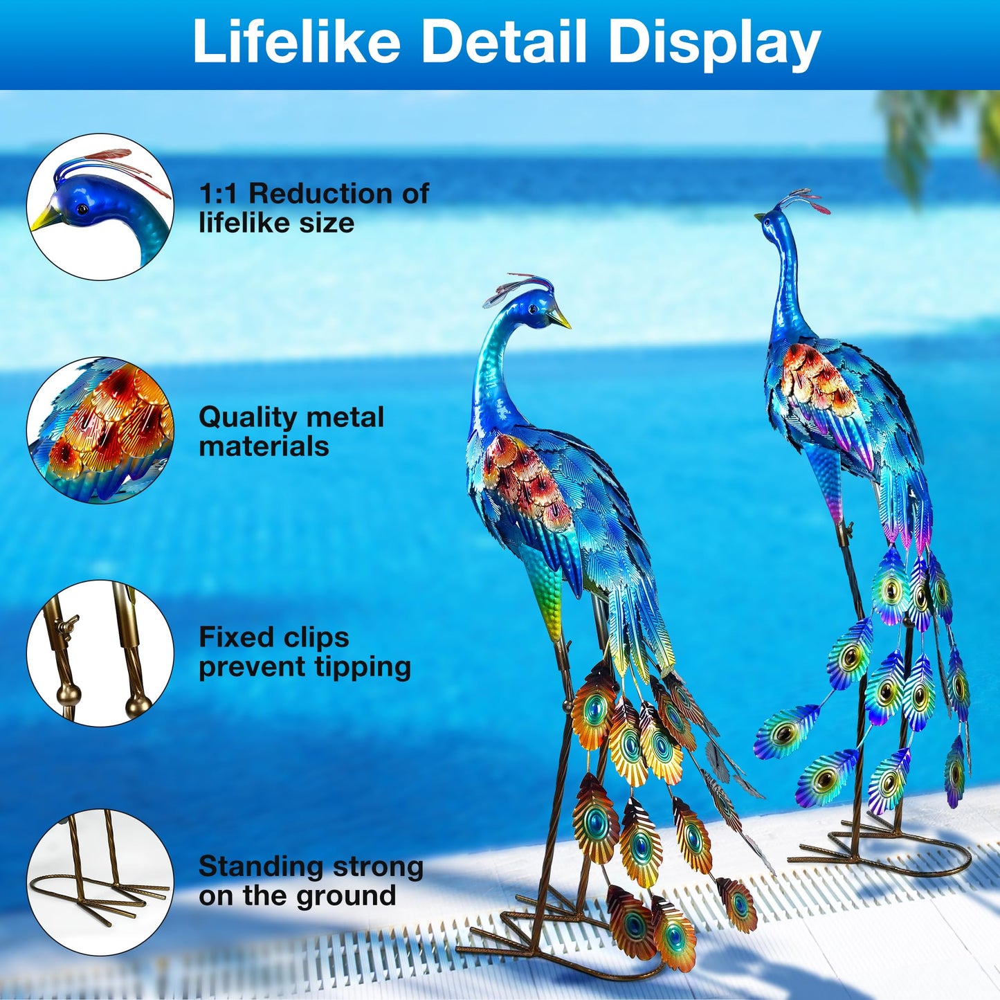 Ruifabo 33.4“ Lifelike Metal Peacock Garden Sculptures Set of 2 - Hand-Painted Garden Peacock Sculpture Art and Durable Yard Art Outdoor - Garden Large Peacock Decorations for Patio Lawn or Backyard