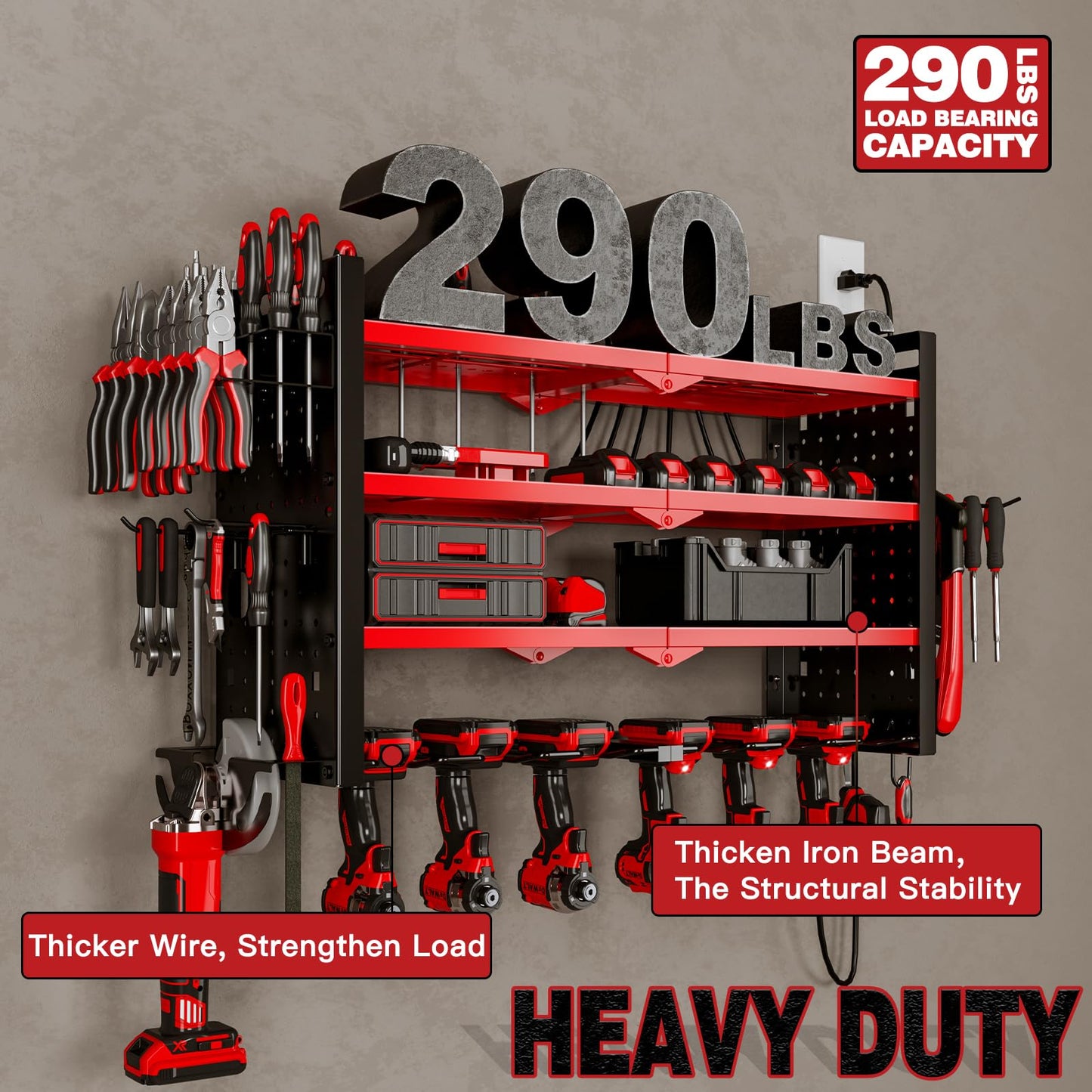 NattyDot Power Tool Organizer Wall Mount with Charging Station 4 Layer 6 Slot Cordless Drill Holder with Angle Grinder Holder (Red)