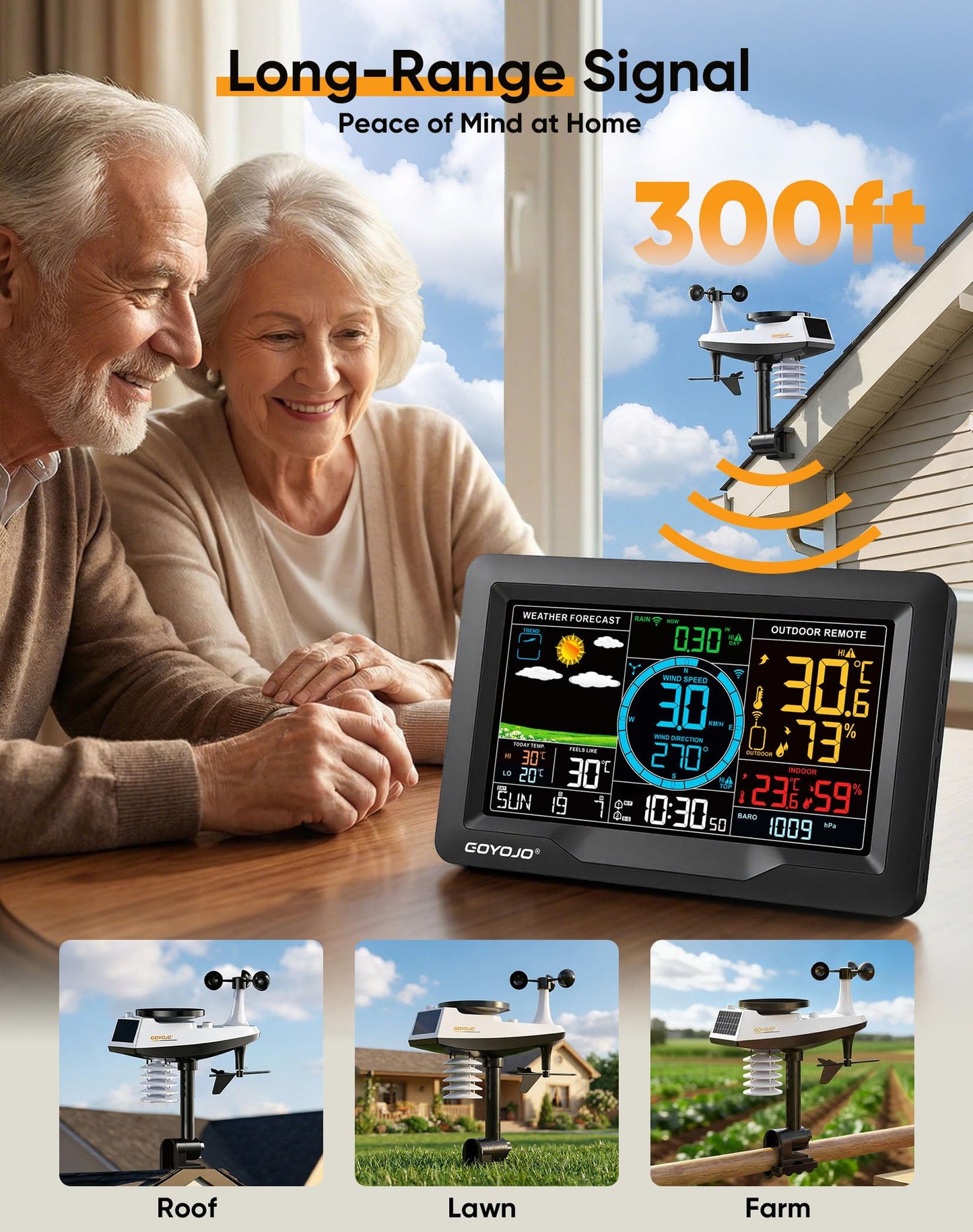 Wireless Weather Station with Color LCD Display, Temperature, Humidity, Wind Speed, Rainfall, 7 Languages, USB Charging, 3-Channel Sensors, 433.92MHz Signal (No WiFi)