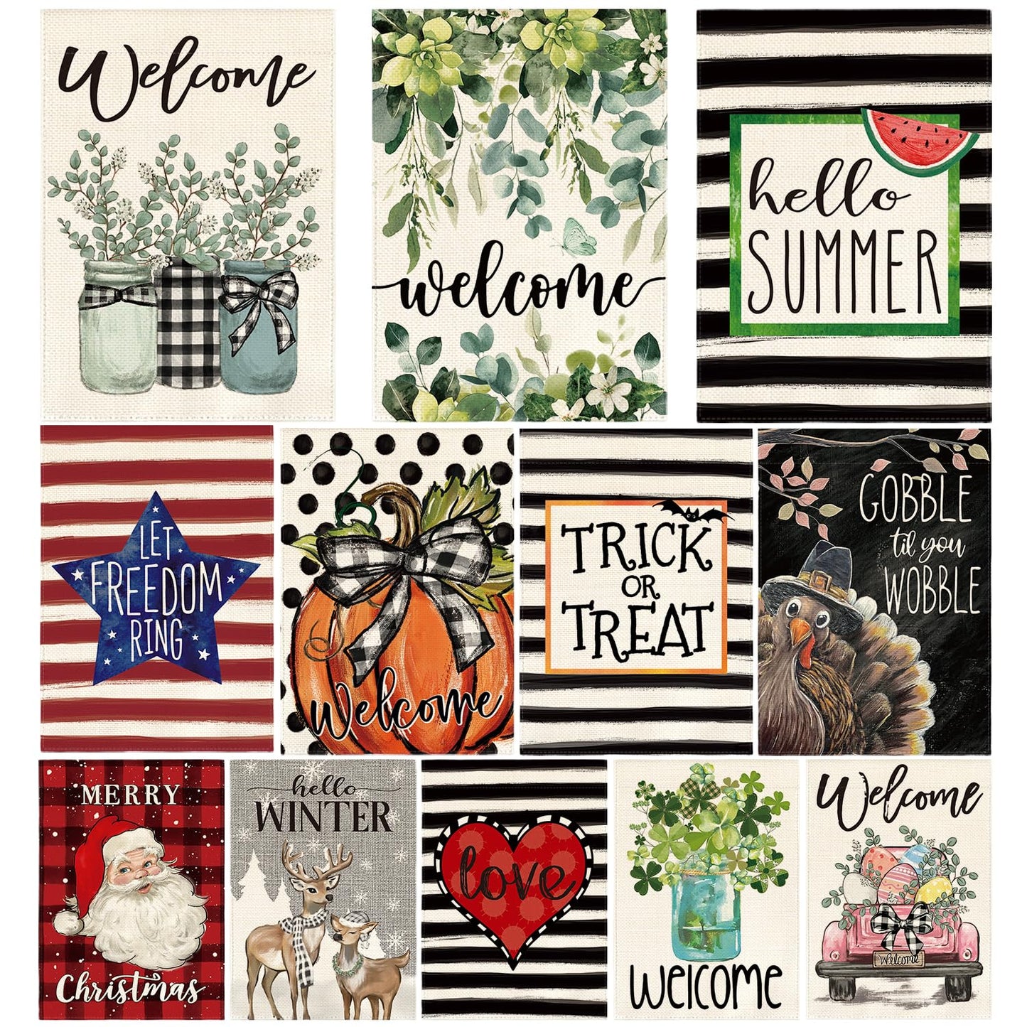 AVOIN colorlife Set of 12 Seasonal Holiday Garden Flag 12x18 Inch Double Sided Outside, Welcome Farmhouse Yard Outdoor Flag