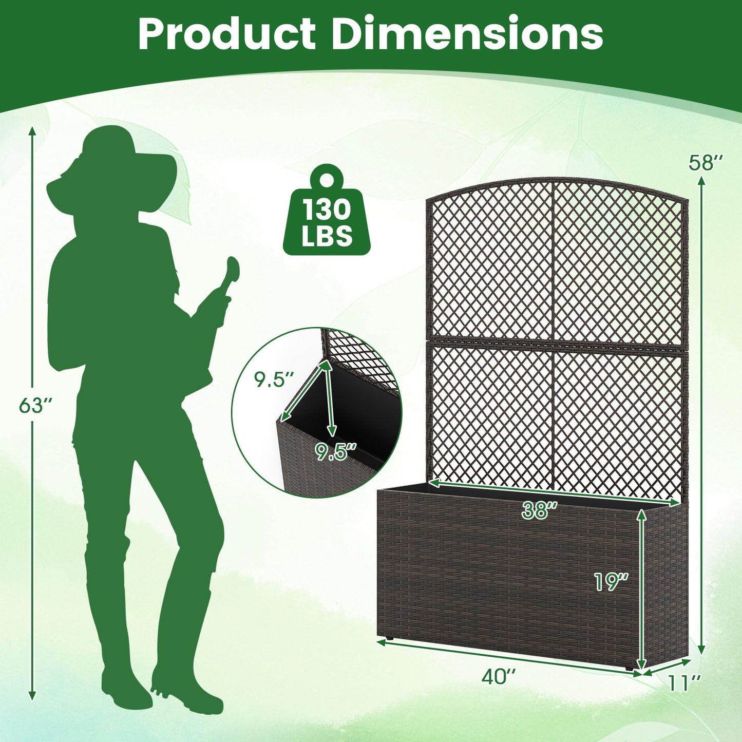 Happygrill Raised Garden Bed with Trellis, 58" Wicker Planter Box with Privacy Screen, Liner, Drainage for Patio Balcony, Outdoor PE Rattan Elevated Garden Bed for Climbing Plant Vine Flower (Brown,1)