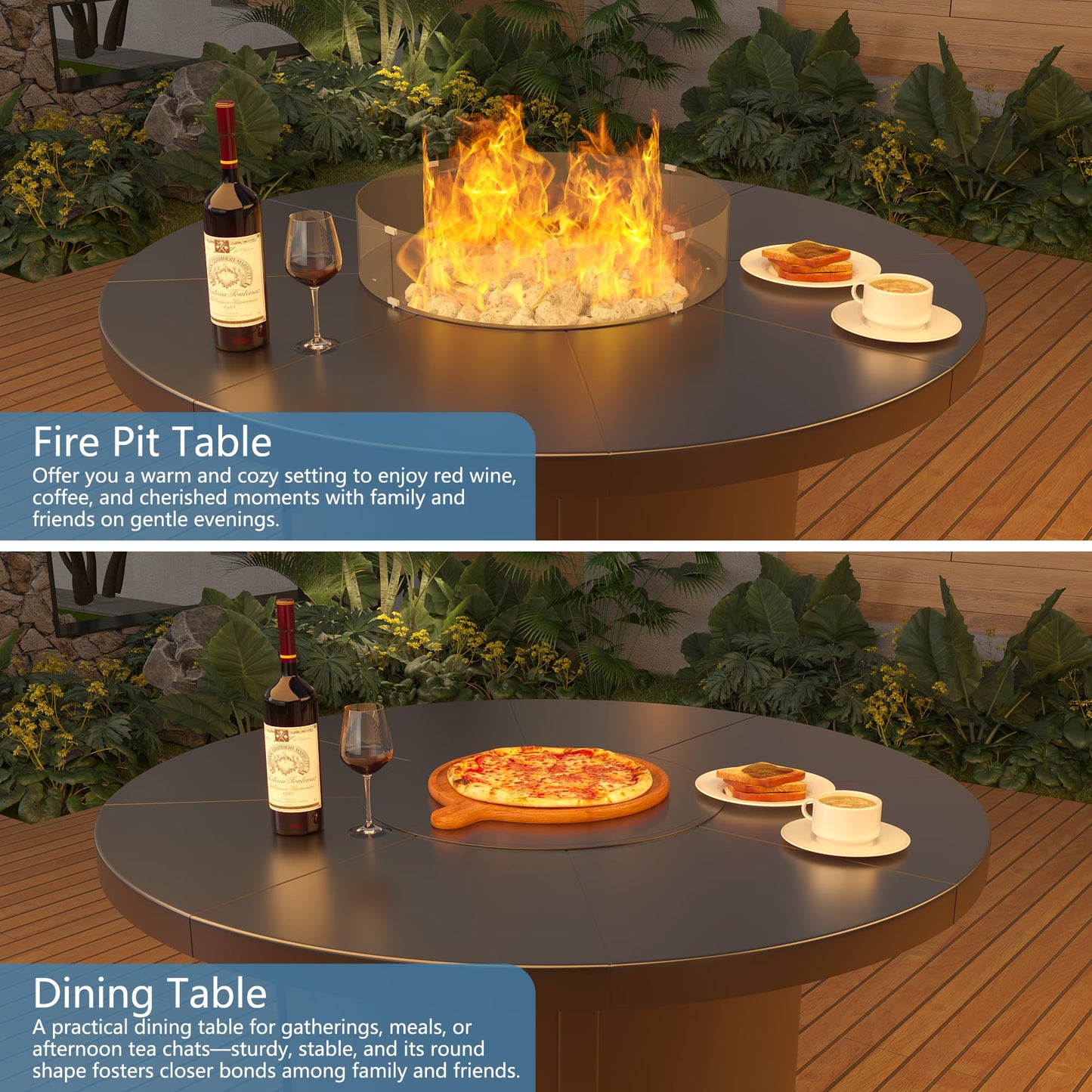 RTDTD 48" Round Propane Fire Pit Table,55000 BTU Round Firepit,Outdoor Fire Pit with Fire Glass,Lid,Waterproof Cover and Blue Glass Stone for Backyard,Garden,Patio