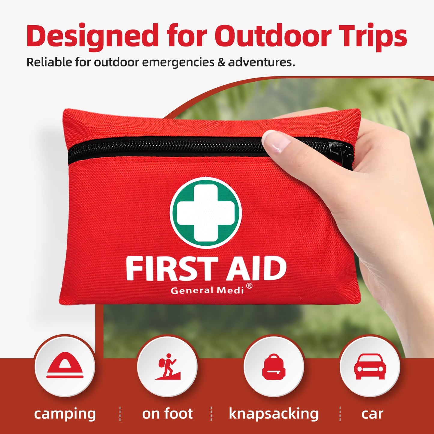 General Medi Mini First Aid Kit, 110 Piece Small First Aid Kit - Includes Emergency Foil Blanket, Scissors for Travel, Home, Office, Vehicle, Camping, Workplace & Outdoor (Red)