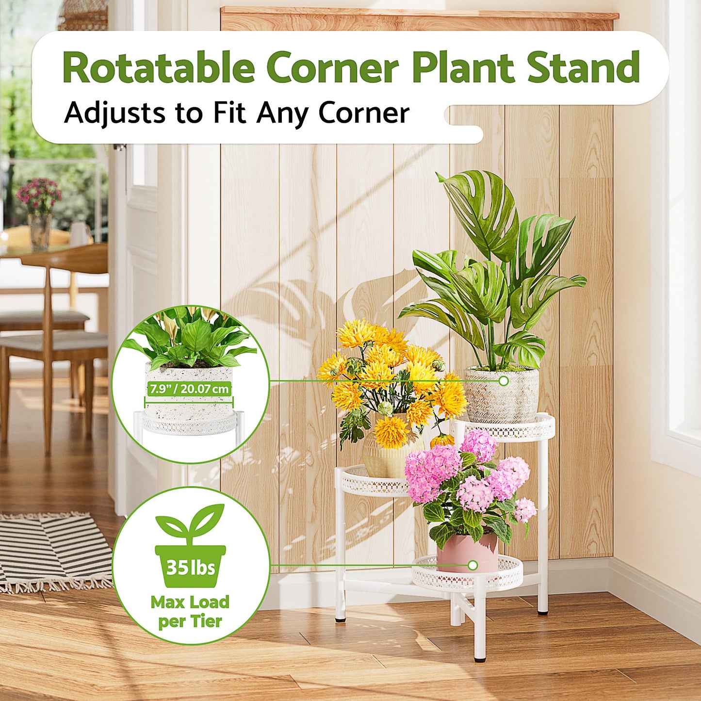NQW 3 Tiered Tall Plant Stand Indoor Outdoor, Metral Plant Shelf for Corner Display Rack, Multi-Tier Folding Planter Pot Holder Flower Stand for Living Room Balcony Garden Patio - WhiteWave
