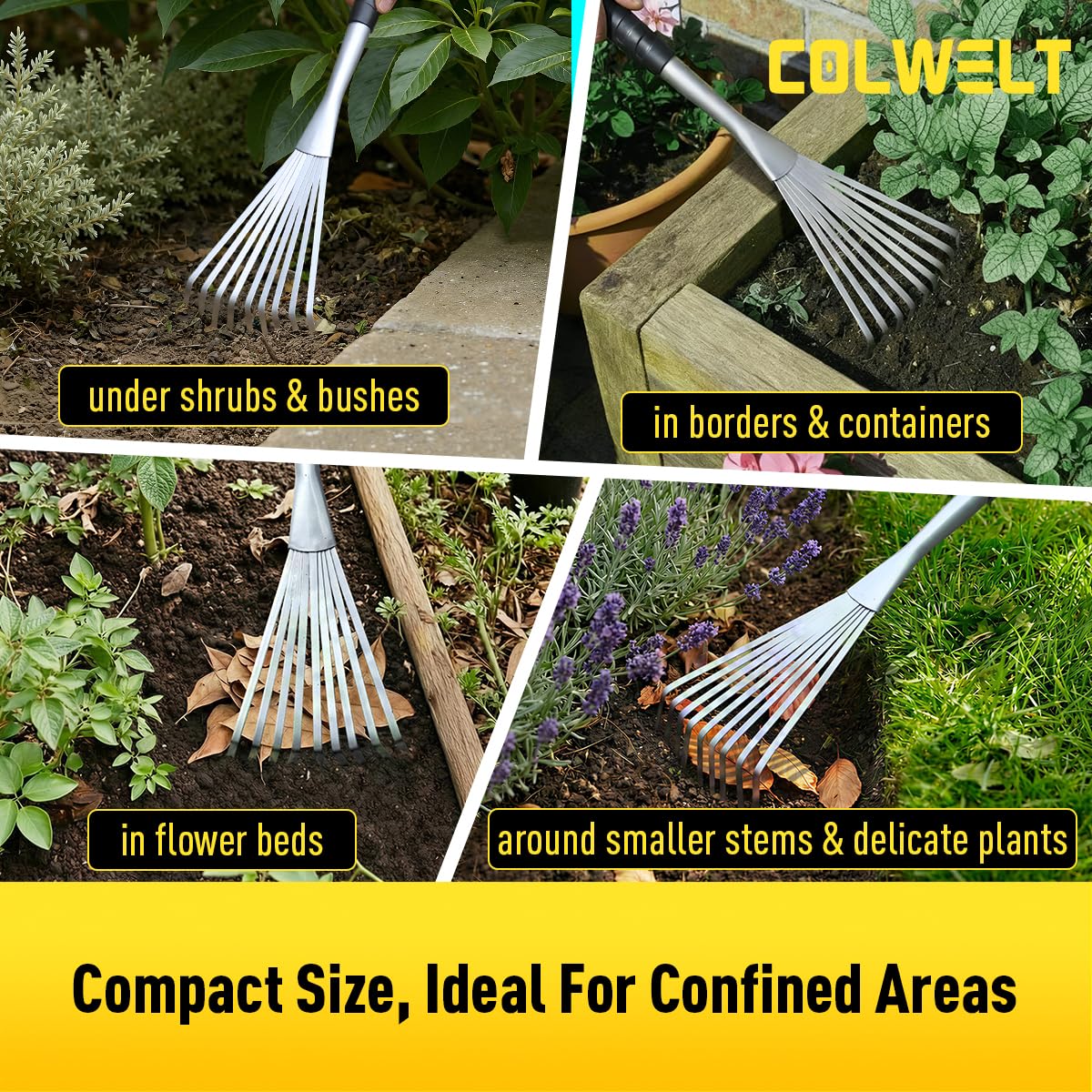 Colwelt Hand Rake 16.5", Small Rake for Gardening with 9 Resilient Flat Tines, Metal Mini Rake with Hanging Hole for Storage, Hand Fan Rake for Leaves, Loosening Soil, Spreading Mulch, Flower Beds