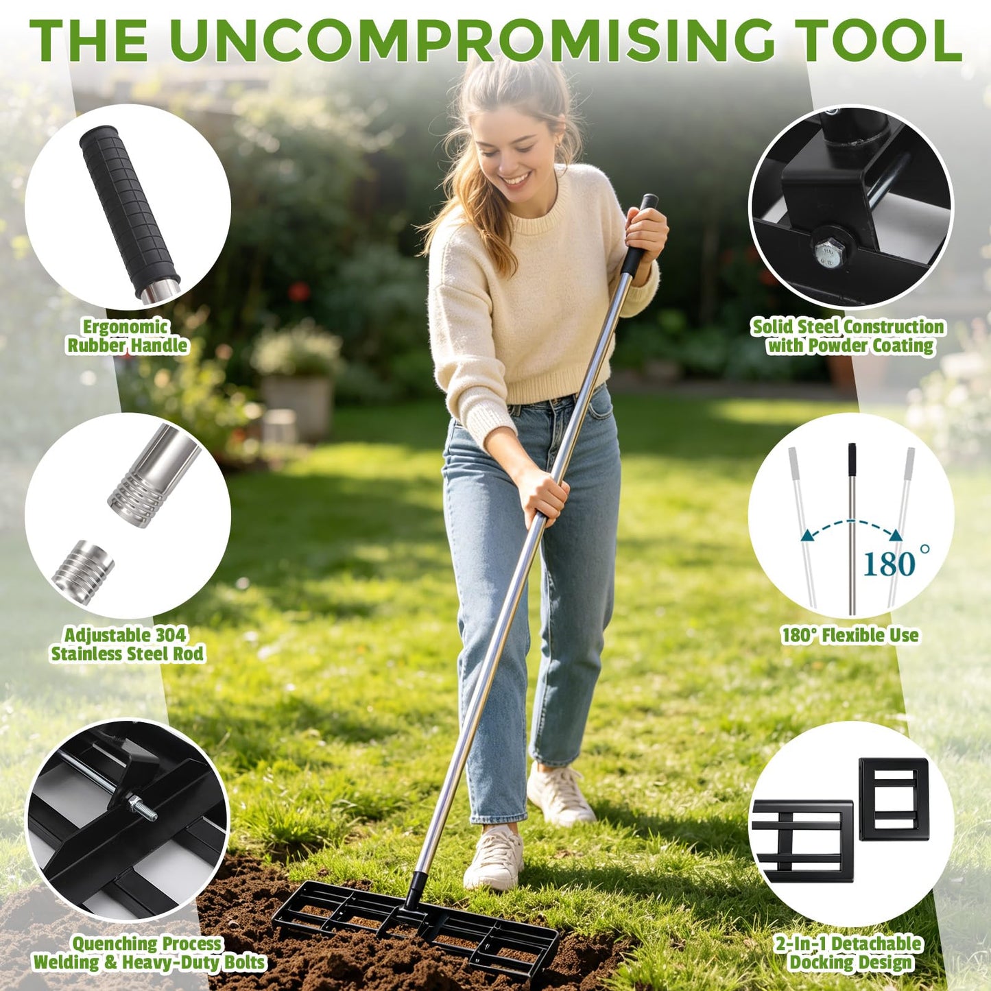 Lawn Leveling Rake for Soil, 17"-30" Modular Interlocking Stainless Steel Lawn Leveler, 78"Adjustable Handle Yard Leveling Rake, Anti-Flip Ground Leveler for Yard, Sand, Topdressing, Golf Course, Farm