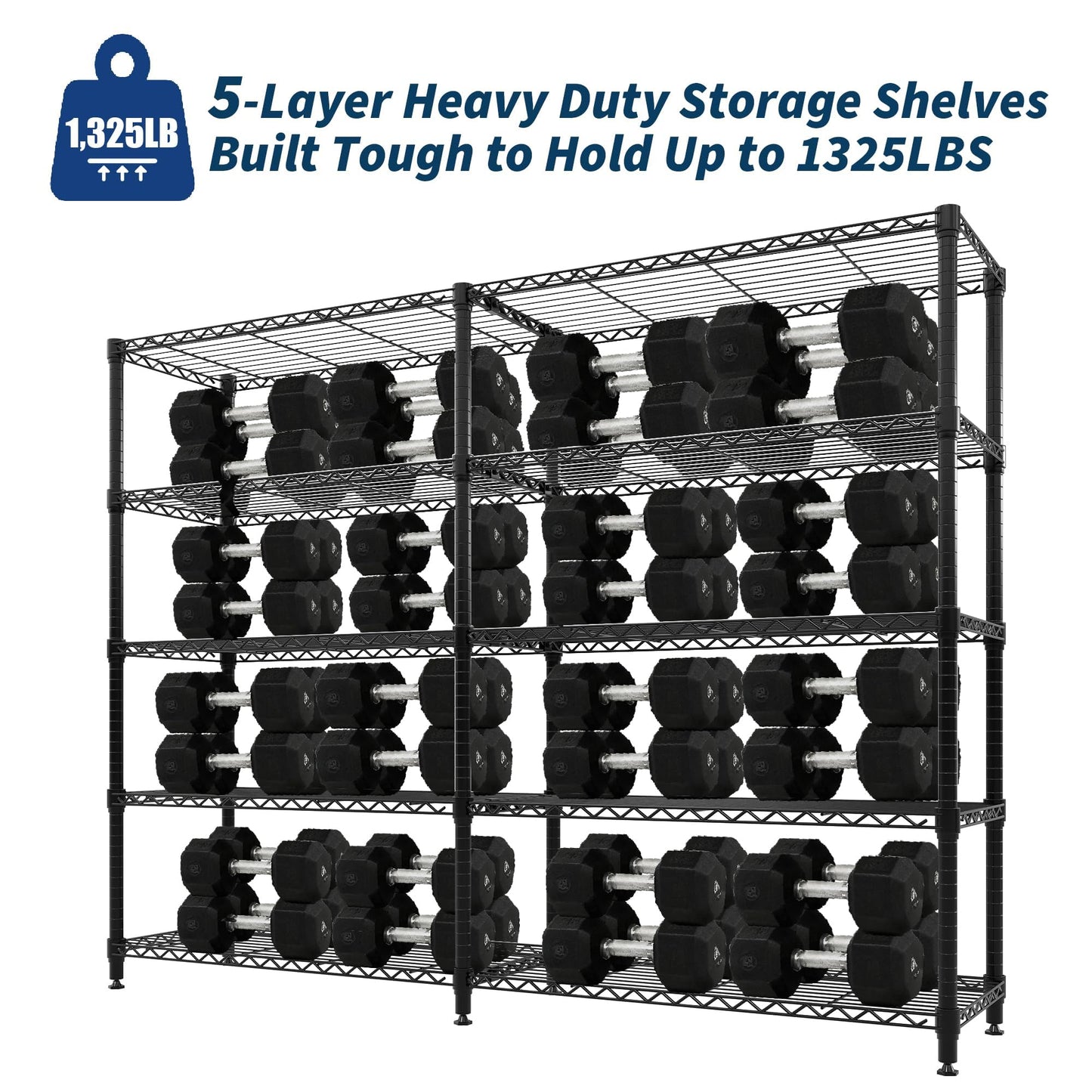 5-Tier Metal Storage Shelves, Adjustable Wire Shelving Unit for Garage, Pantry, Basement & Kitchen, Heavy-Duty Shelf Organizer with Double-Row Design, 70.8" w x 15.8" d x 70.5" h, 265 Lbs Per Tier