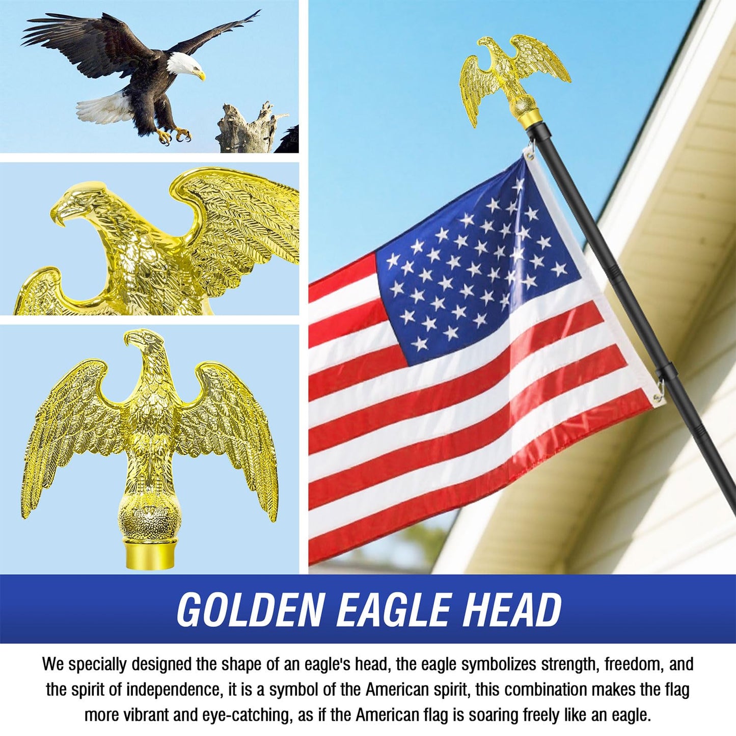 Flag Pole for Outside House, Outdoor Black Heavy Duty 10 FT Flag Pole Kit, for Residential or Commerical, Tangle Free Flagpole (Include American 3 X 5 Flag, 5 Pronges Base, Eagle Shaped Head)