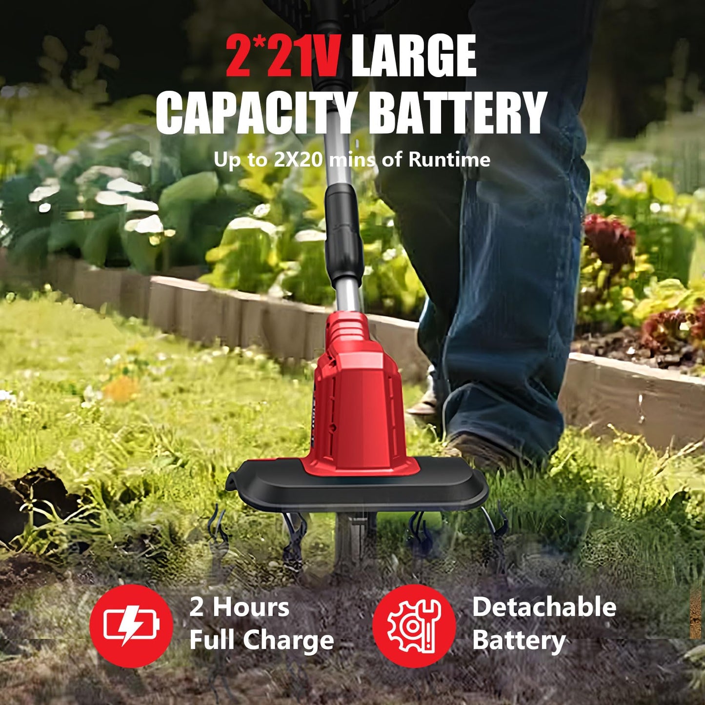 21V Electric Cordless Tiller Cultivator, 360RPM Garden Tiller with 2 x 4.0Ah Batteries Charger, 12In Tilling Width & 8In Depth Garden Rototiller for Lawn, Gardening, Soil Cultivation (RED-1)