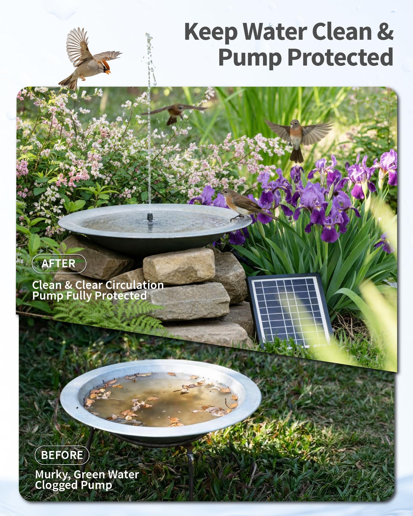 POPOSOAP 6.5W Solar Pond Filter Built-in Battery Backup, Solar Water Fountain Pump with Pond Filter, 8 Nozzles & PVC Tubing for Bird Bath, Small Ponds, Fish Tanks, Water Features P3065D
