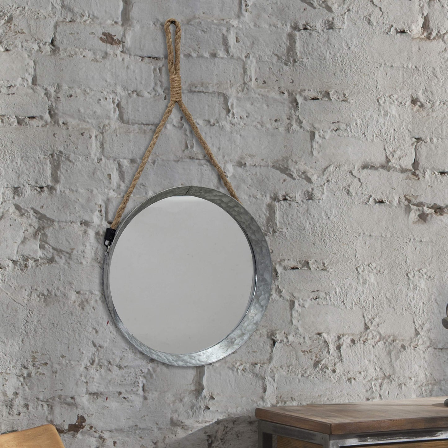 Stonebriar Rustic Round Galvanized Metal Mirror with Rope Hanging Loop ; Farmhouse Home Decor ; For Bathroom, Bedroom, and Living Room, 11.9", Grey
