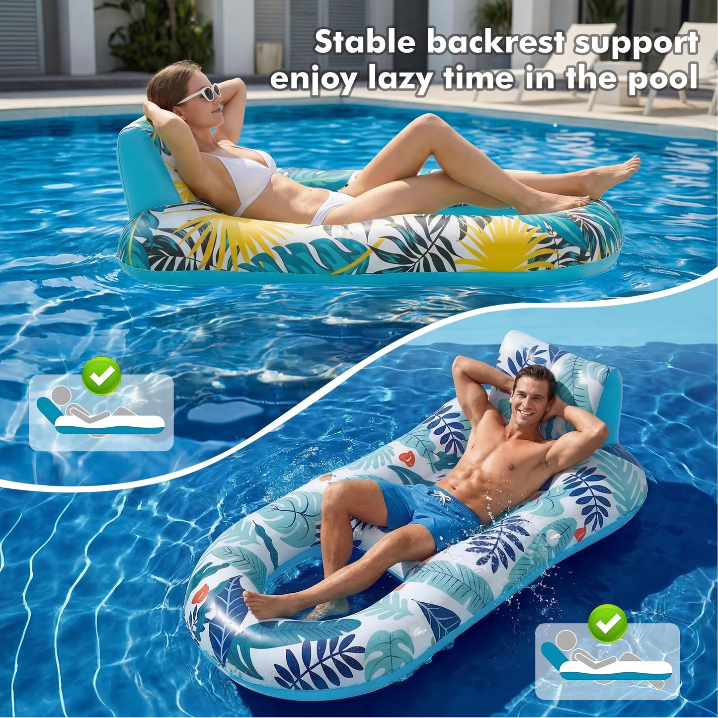 2 Pack Inflatable Heavy Duty Pool Floats Lounger, Giant Pool Floats Adult Size with Backrest & Footrest, Pool Rafts Floaties for Beach Lake Party - Multicolor